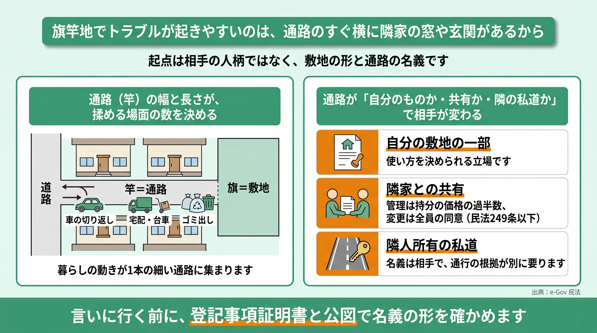 通路に生活動線が集まる旗竿地の形と、自分の敷地・共有・隣人の私道の3類型で交渉相手が変わることを整理した図