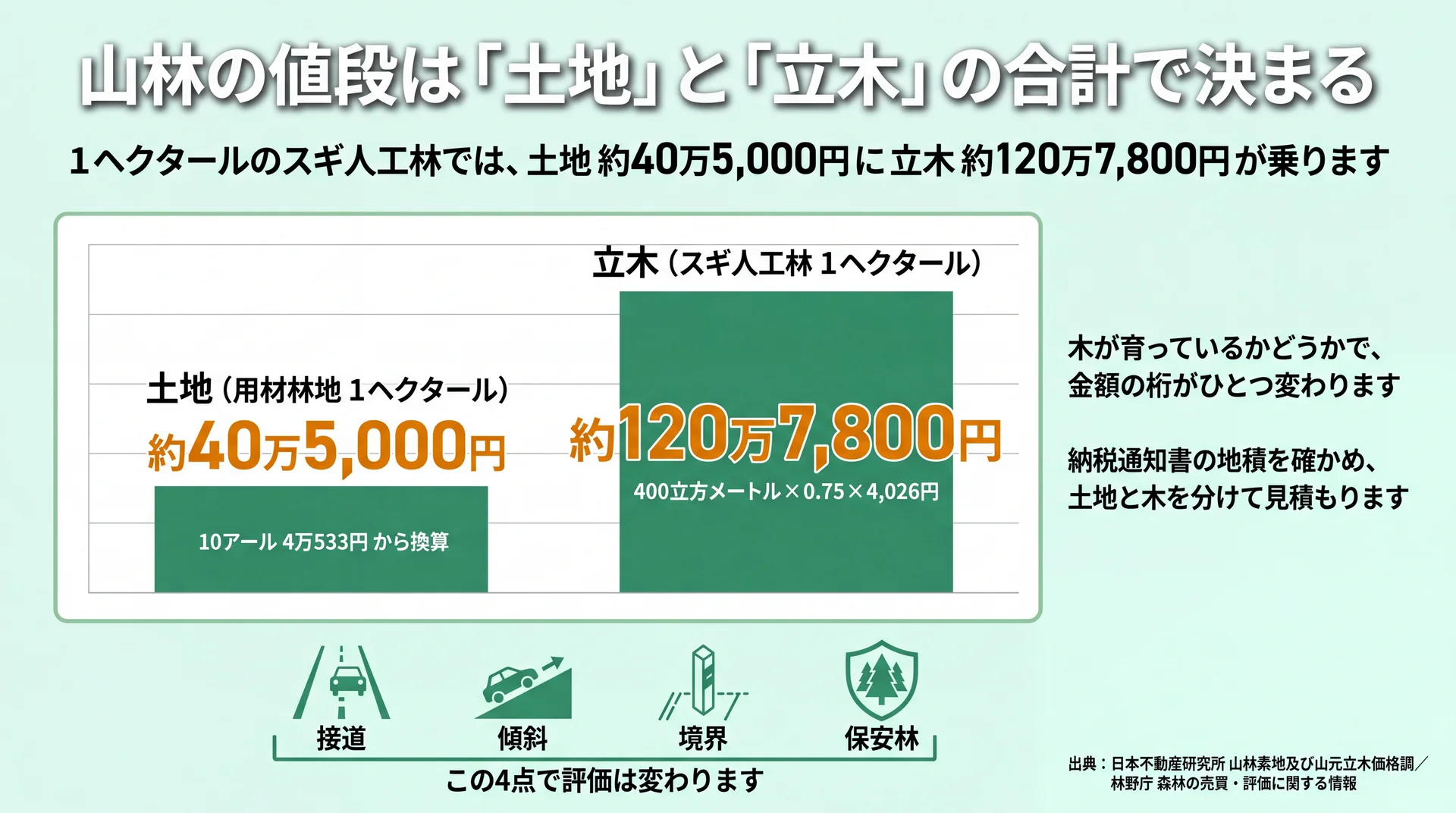 1ヘクタールのスギ人工林で土地約40万5,000円に立木約120万7,800円が乗ることを示した価格の比較図