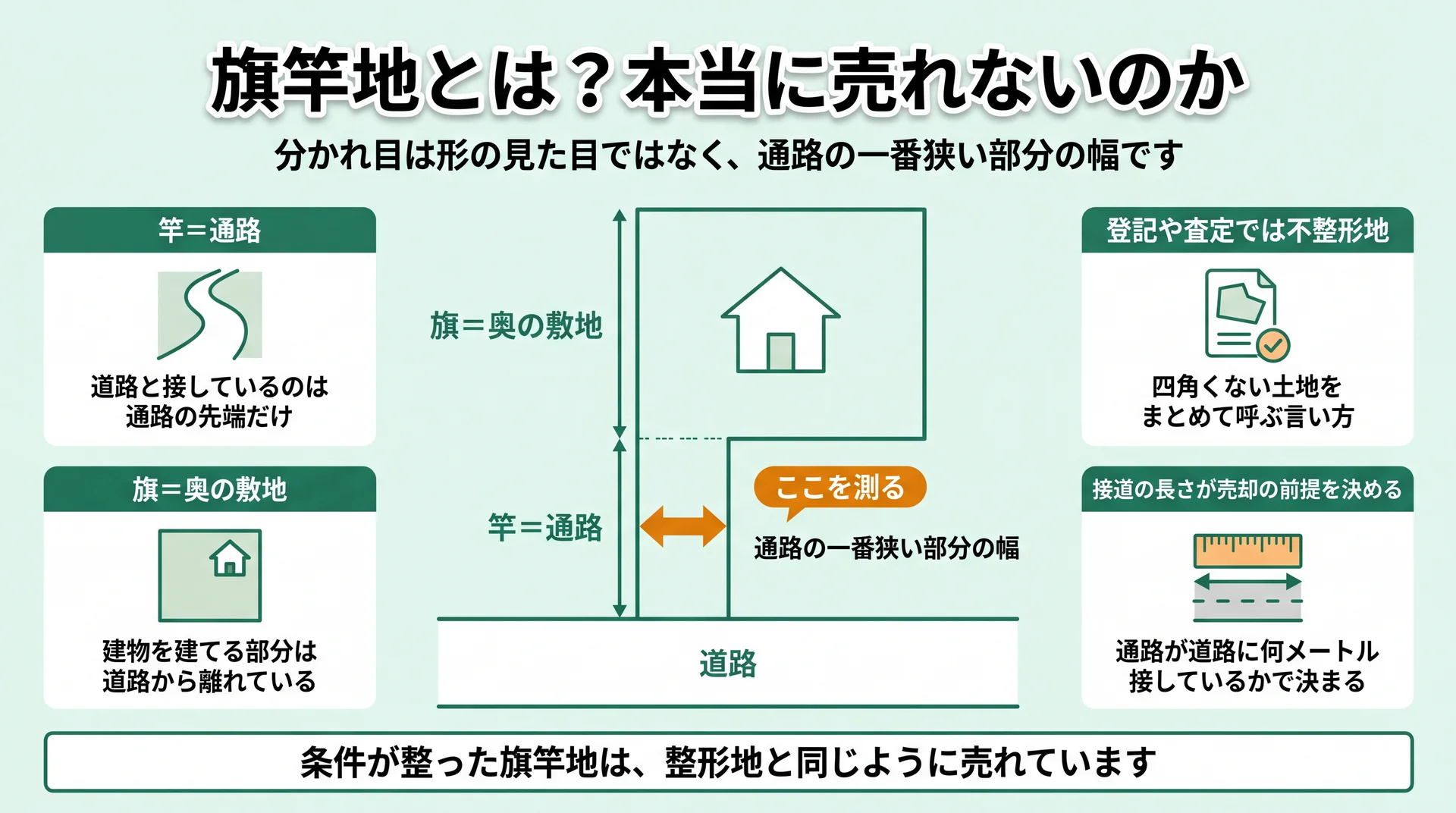 道路に接するのは通路の先端だけという旗竿地の構造と、売却の前提を決める通路の最狭部を示した図