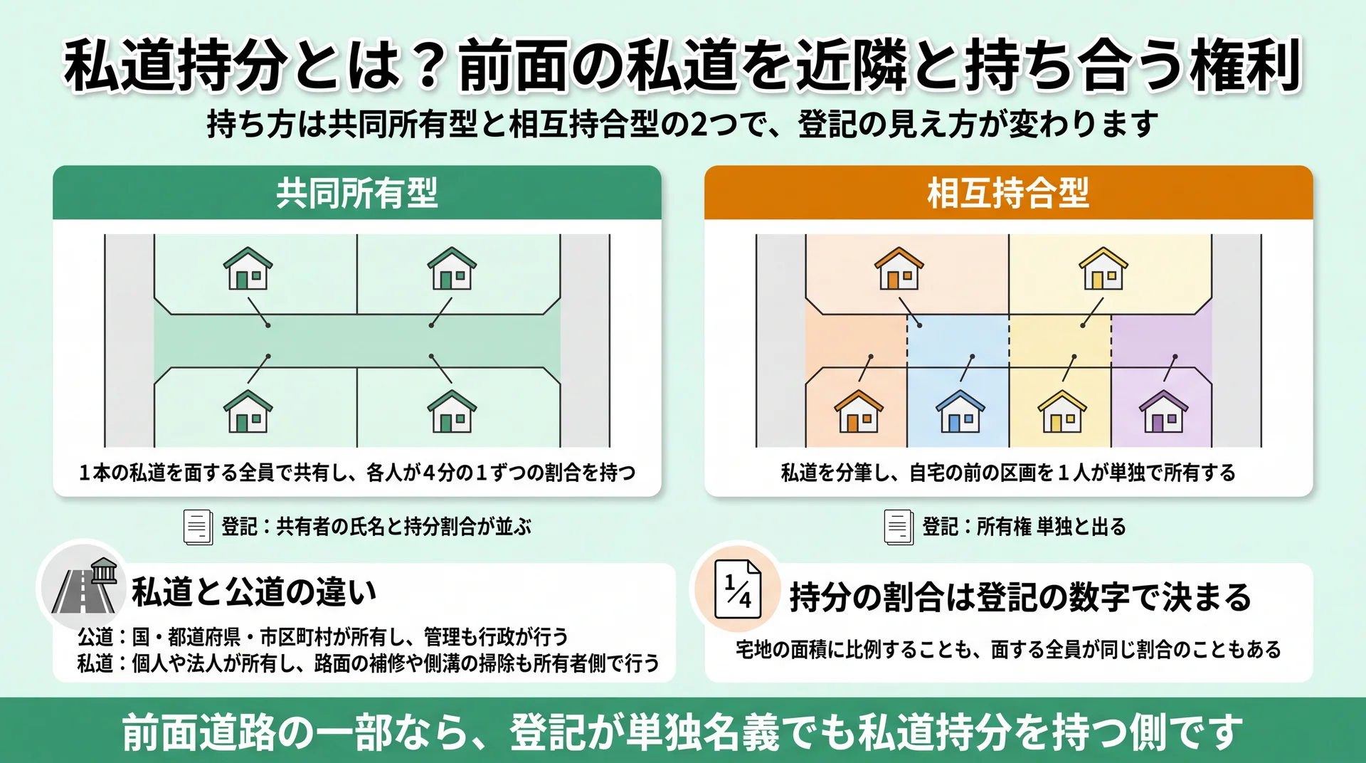 共同所有型は道路1本を全員で共有し、相互持合型は分筆した区画を1人が単独所有する登記の違いを示した図
