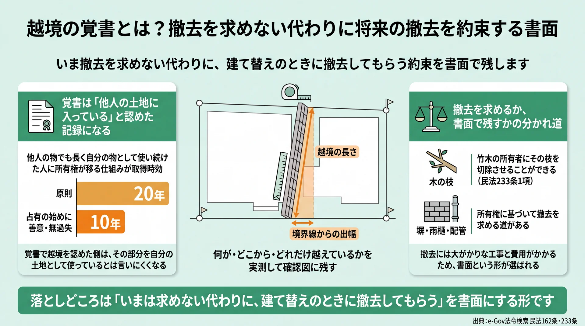 取得時効は原則20年・善意無過失なら10年、枝は民法233条1項で切除を求められることを示した越境の覚書の役割図