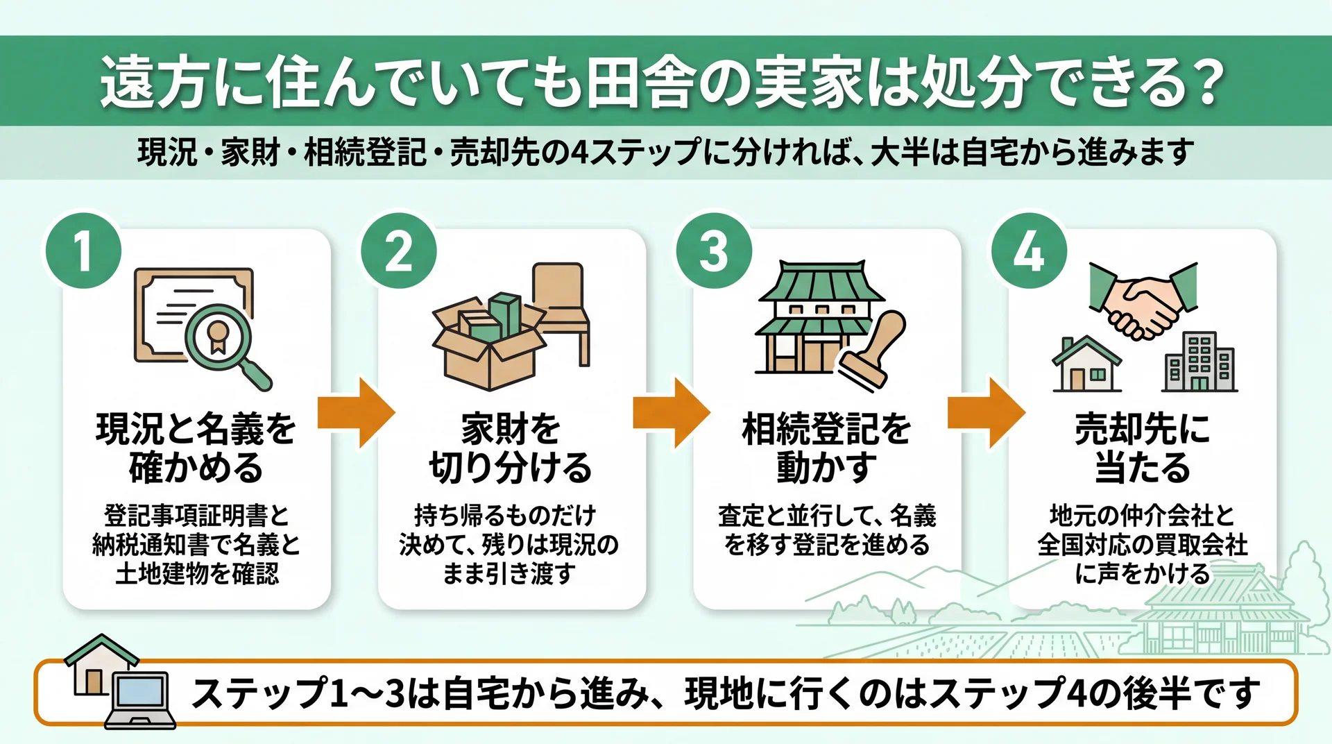 現況確認・家財の切り分け・相続登記・売却先という4ステップと、現地に行く場面がステップ4後半に限られることを示した工程図