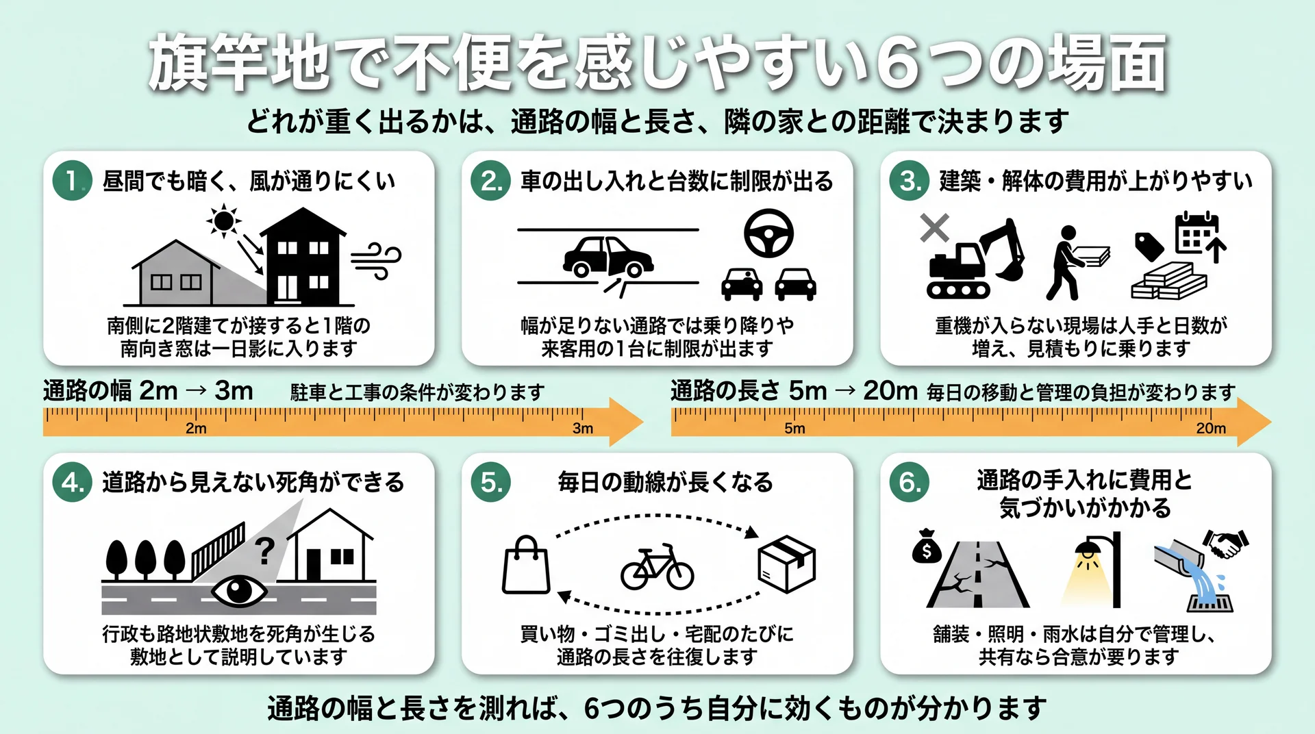 日当たり・駐車・工事費・防犯・動線・管理の6場面が、通路の幅2〜3mと長さ5〜20mでどう変わるかを整理した図