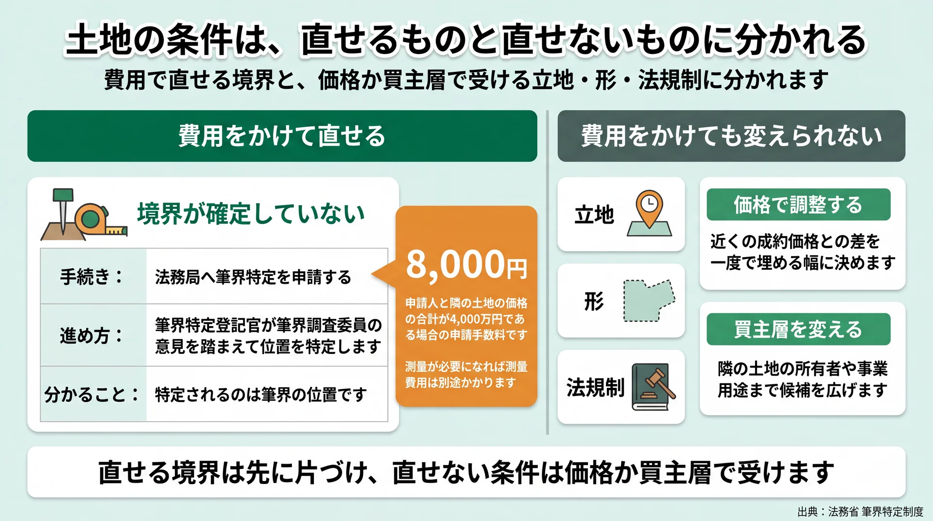 境界の未確定は申請手数料8,000円の筆界特定で直し、立地や法規制は価格か買主層で受ける整理図