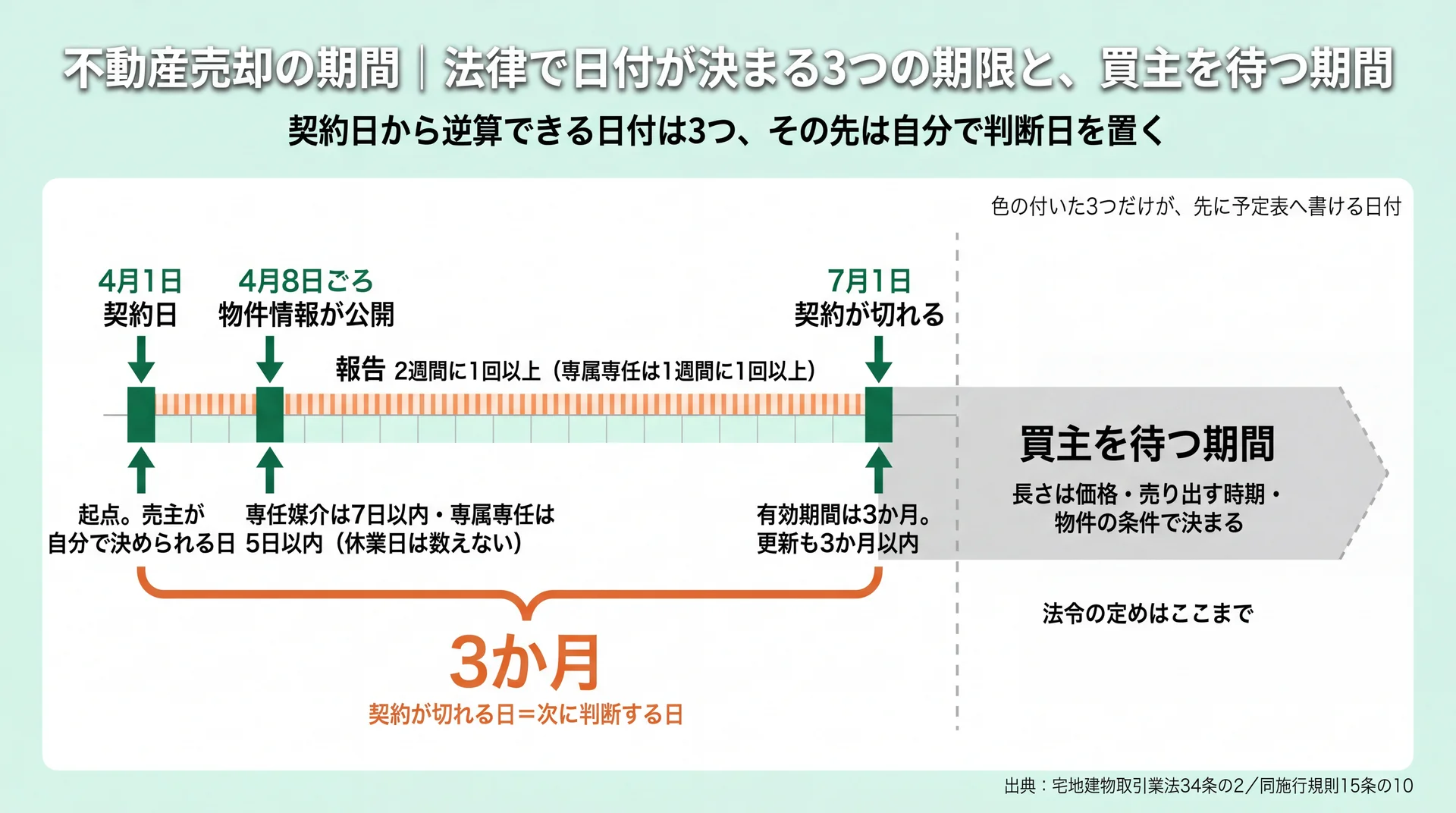 媒介契約日から逆算できる登録7日・報告2週間に1回以上・有効期間3か月の3期限と、法令の定めがない待機期間を並べた図
