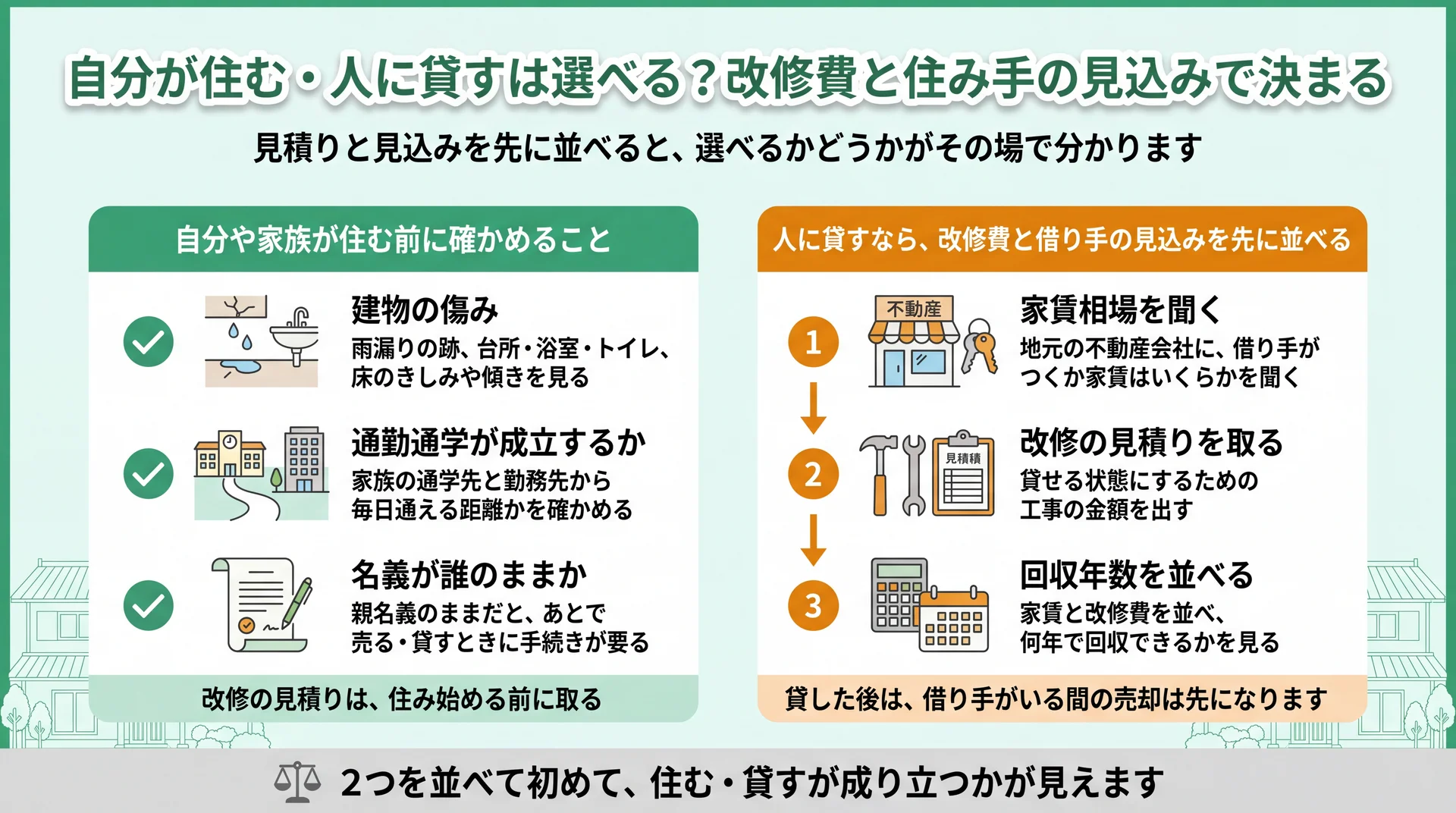 住む前に見る3点(傷み・通勤通学・名義)と、貸す前の3手順(家賃相場・改修見積り・回収年数)の対比図