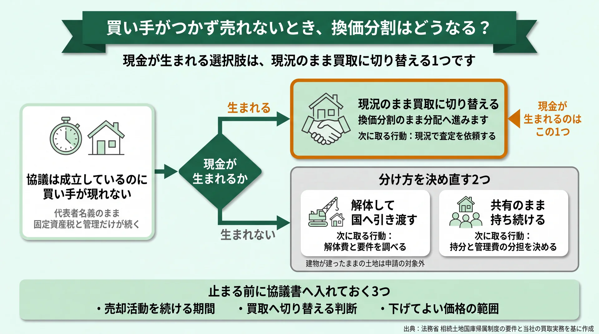 売れないときの3つの選択肢を現金が生まれるかで分け、それぞれの次に取る行動を示した分岐図