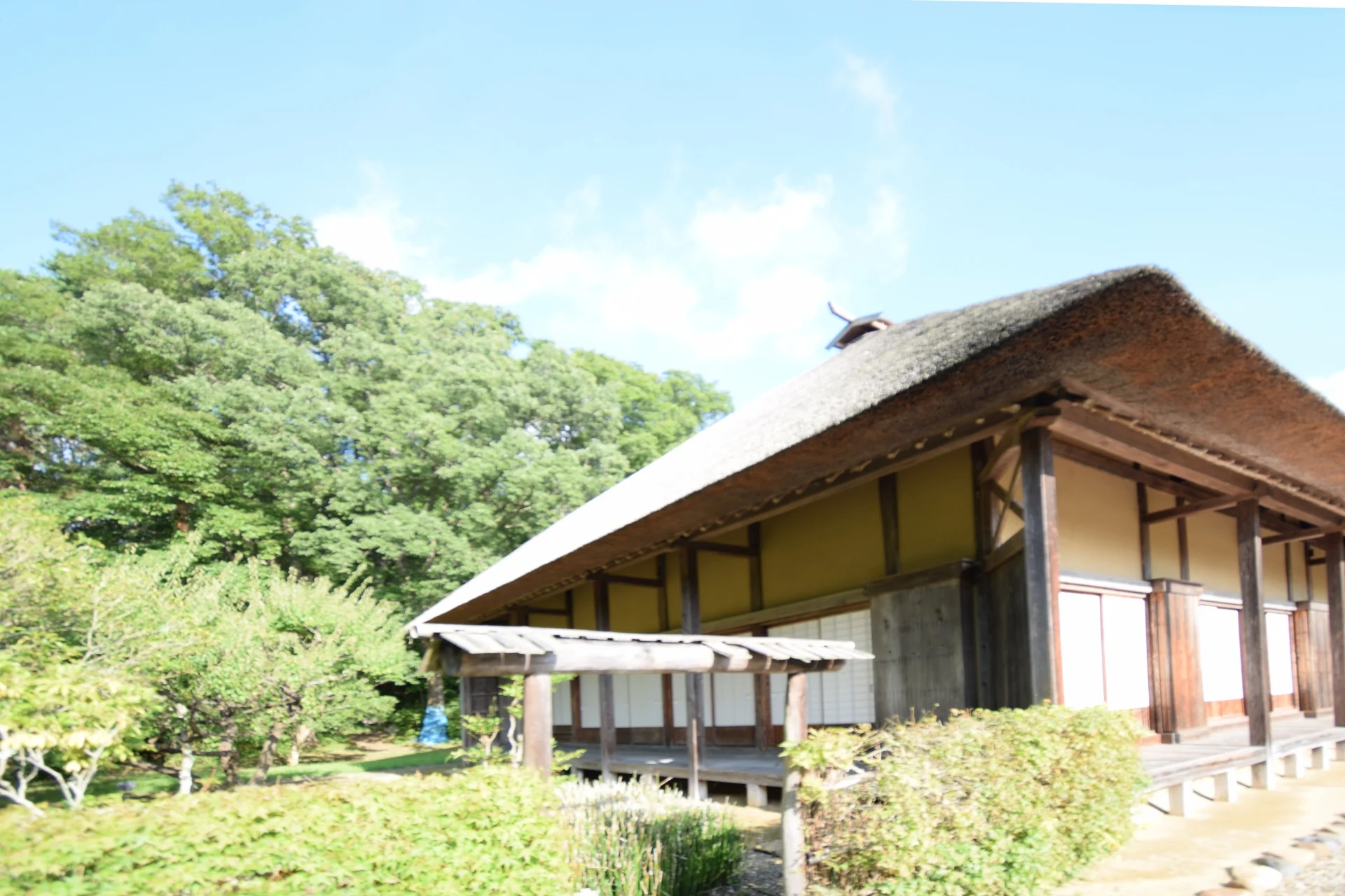 青空と緑の木々の下に建つ、茅葺き屋根と縁側のある古民家の外観（古民家を差し上げるイメージ）