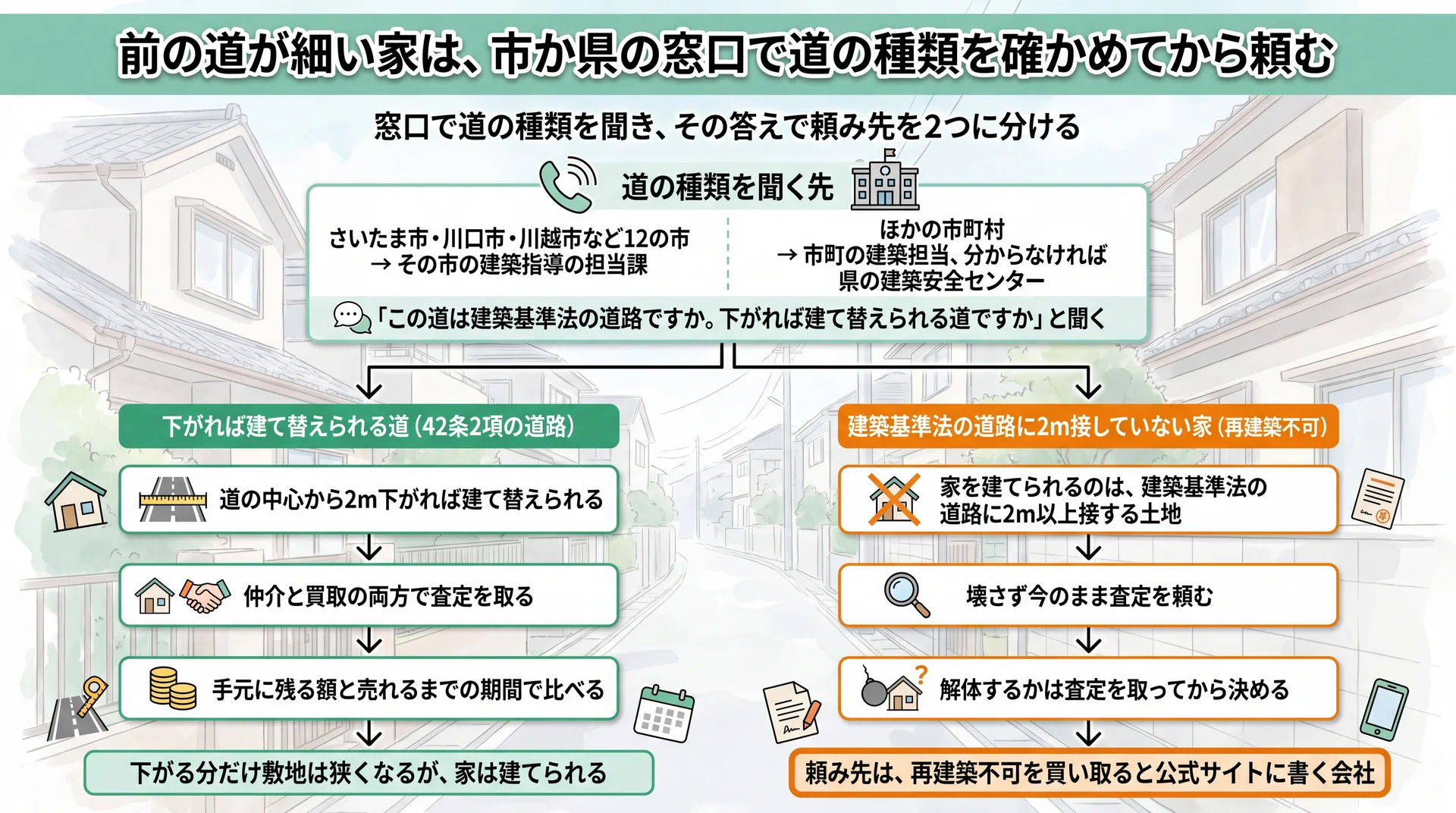 12の市か県の建築安全センターで道の種類を聞き、下がれば建つ道か接道なしかで頼み先を分ける流れ図