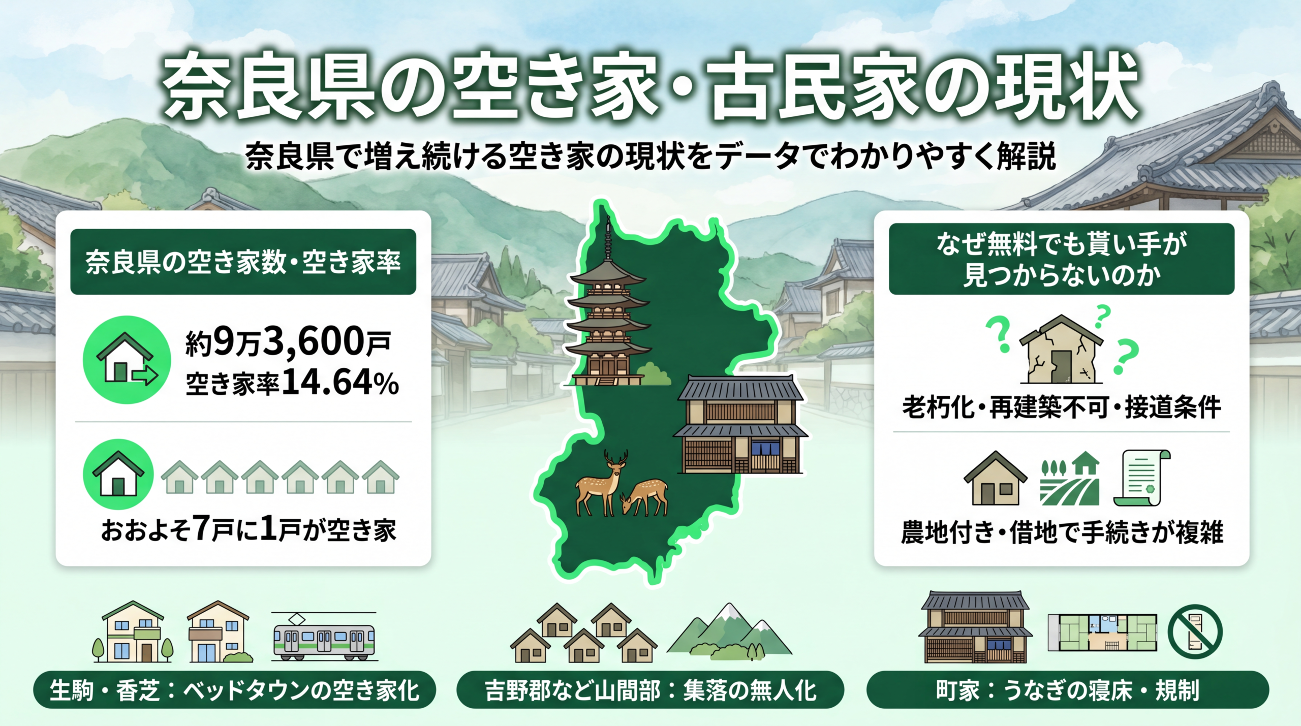 奈良県の空き家・古民家が増える街並みのイメージ