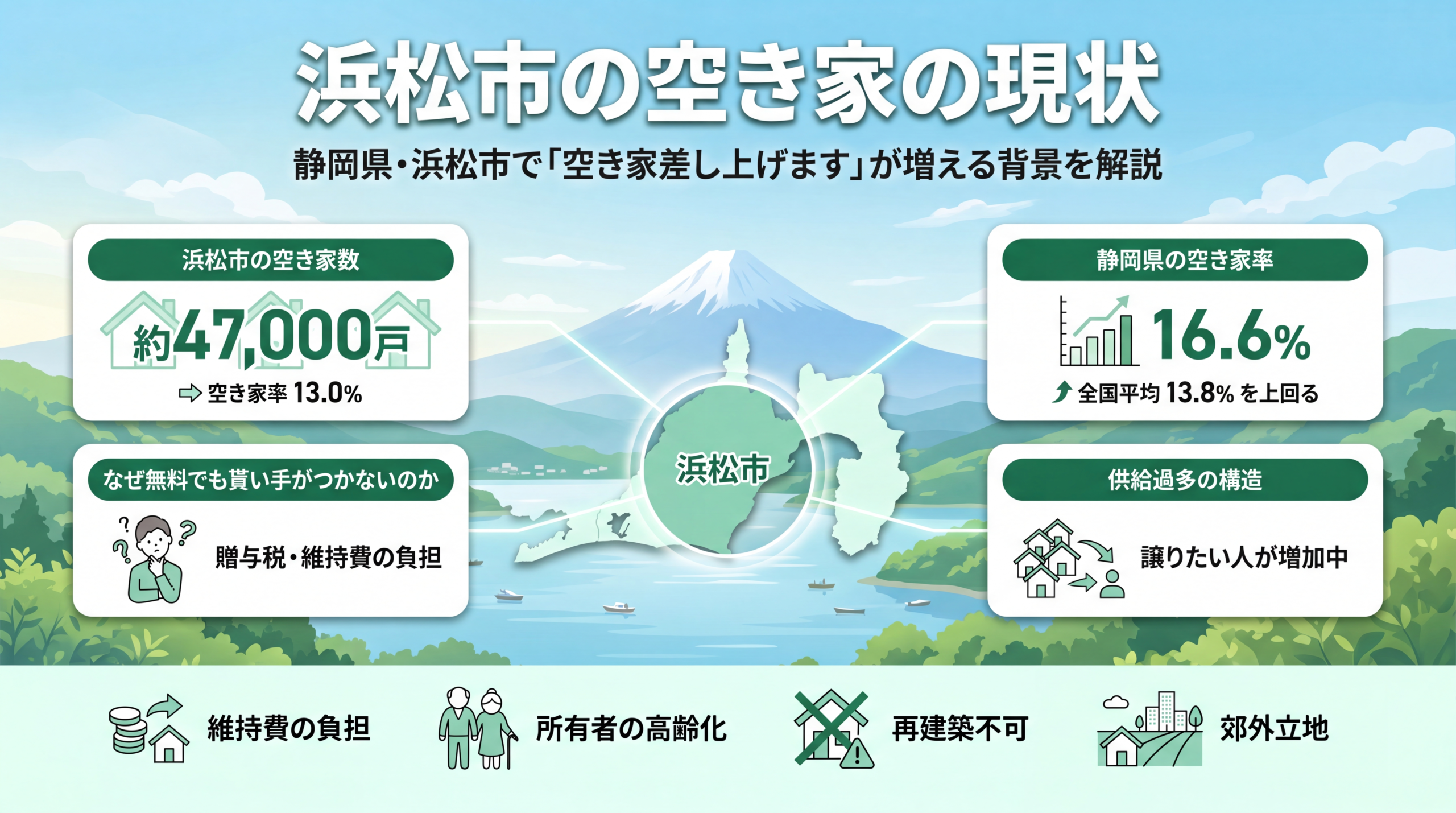 浜松市の空き家分布と増加傾向を示すイメージ