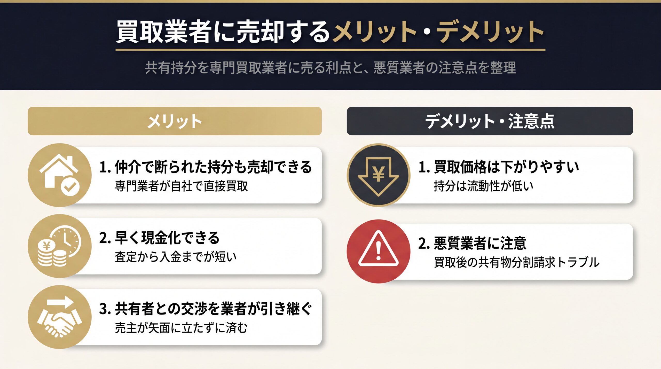 共有持分を買取業者に売却するメリットとデメリットの対比