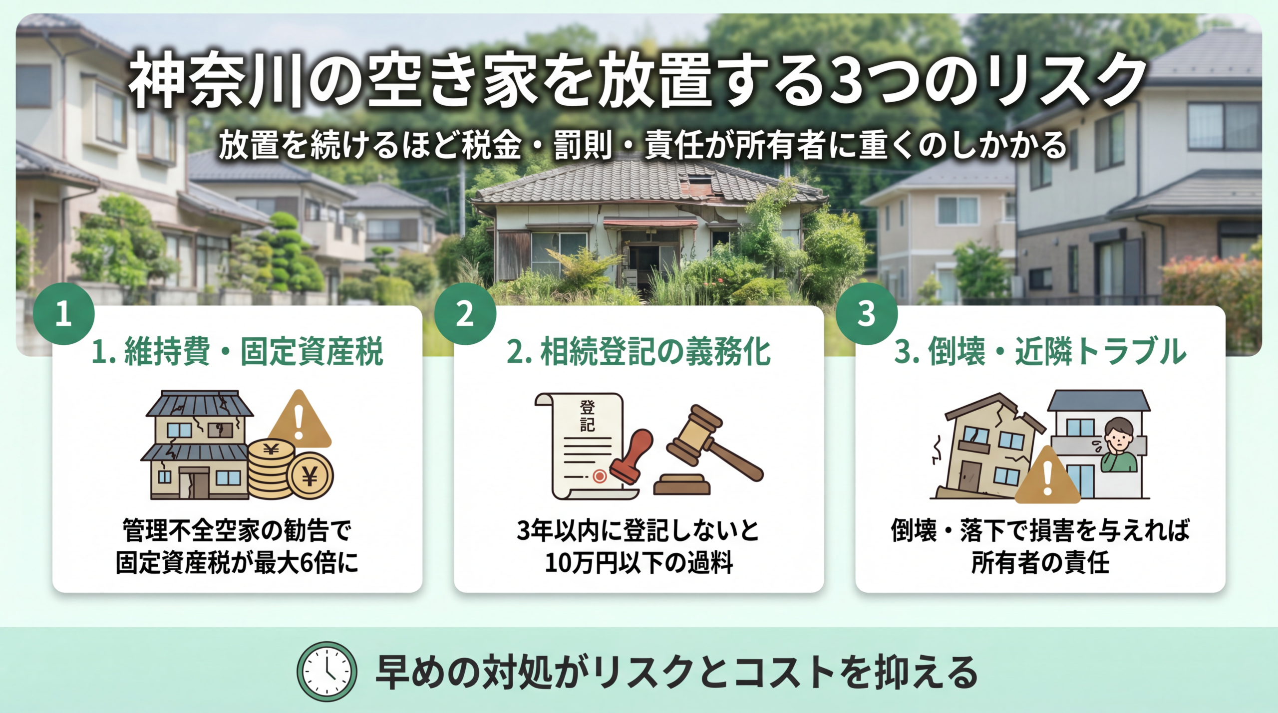 神奈川の空き家を放置する3つのリスクのインフォグラフィック
