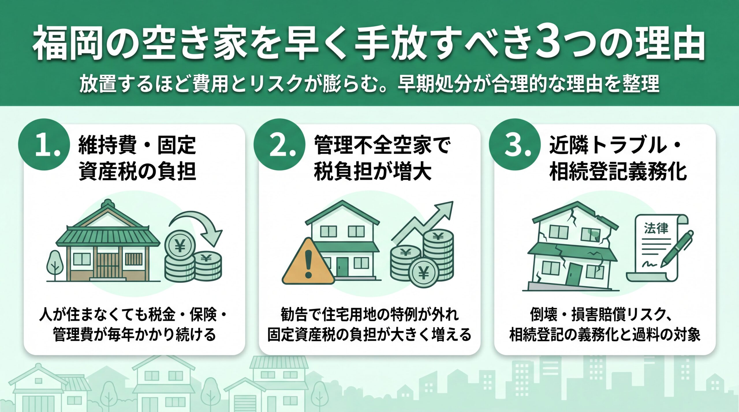福岡の空き家を放置すると税負担やリスクが膨らむことを示すイメージ