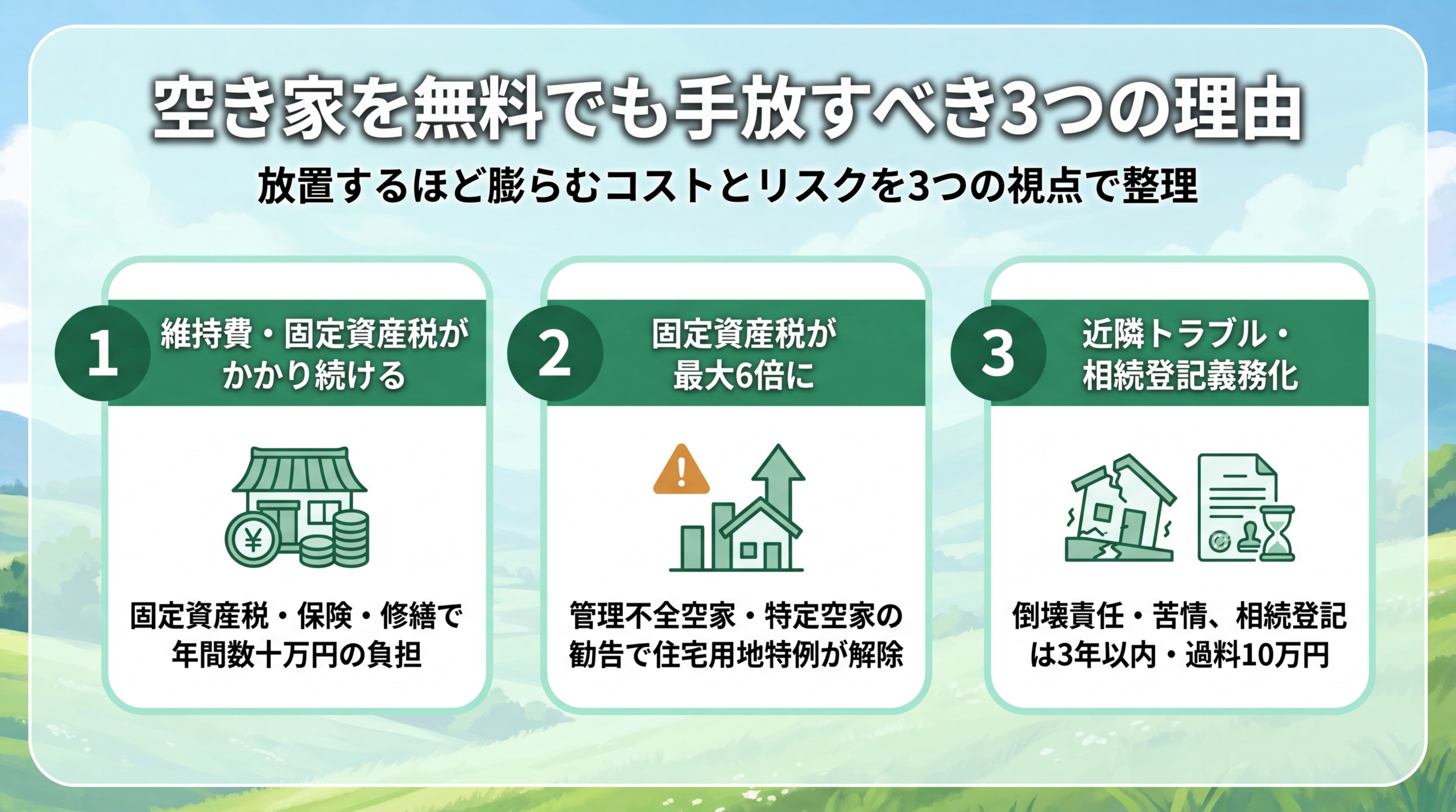 空き家の維持費・固定資産税増・近隣リスクを表すイメージ