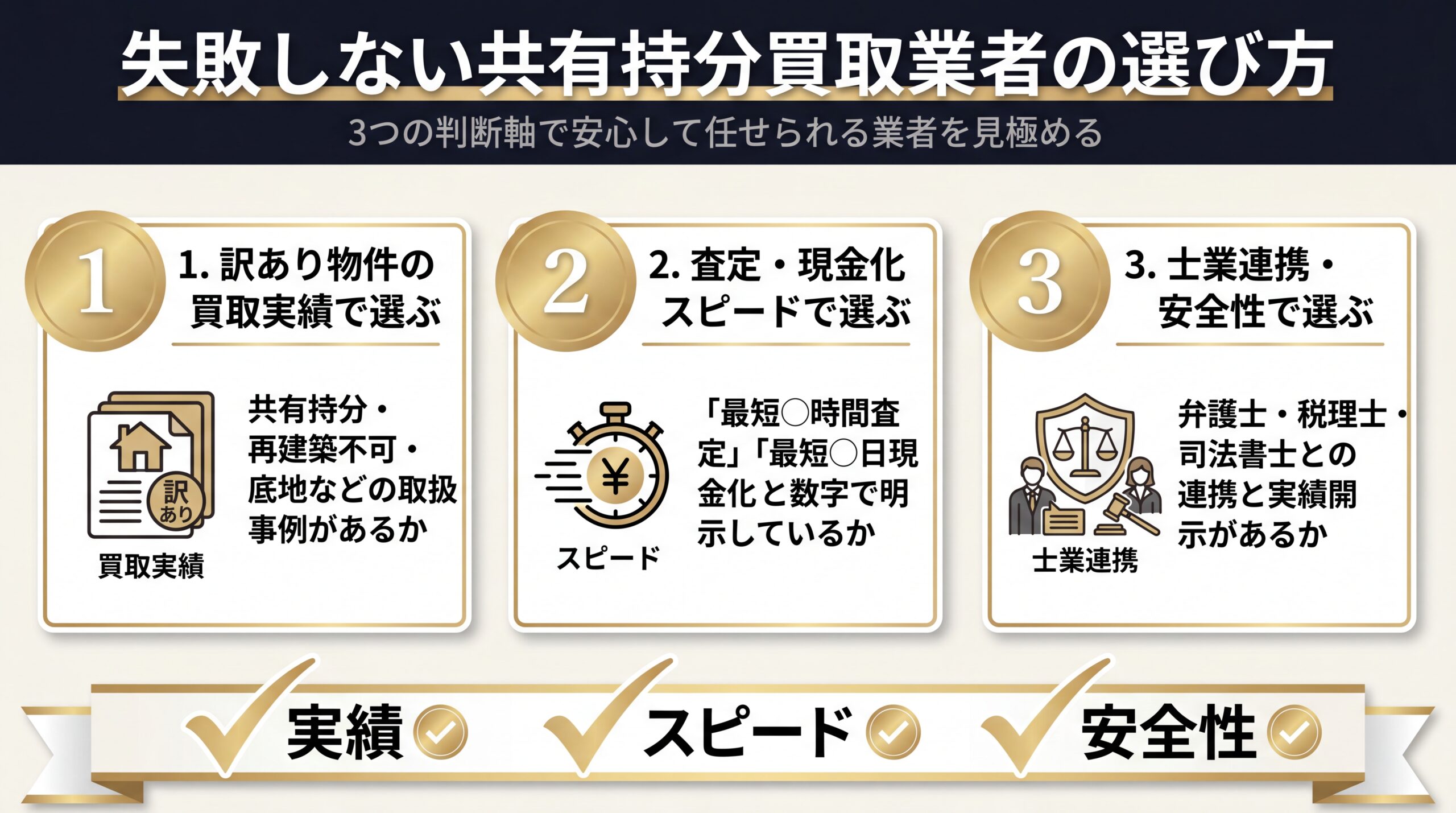 共有持分買取業者を選ぶ3つの判断軸