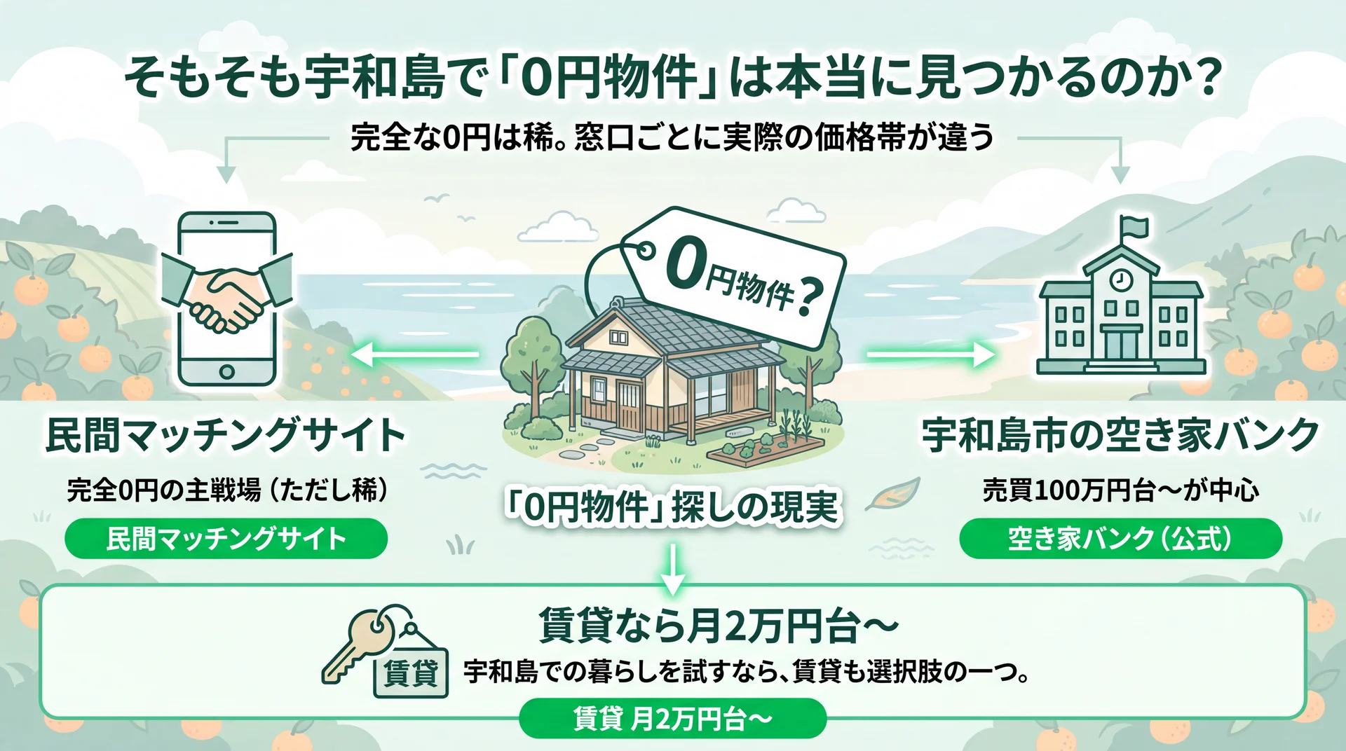 完全0円は民間サイト中心で稀、公式バンクは売買100万円台・賃貸は月2万円台からと窓口ごとに価格帯が分かれる実態図