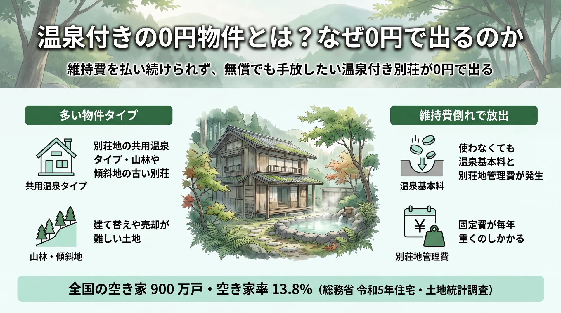 別荘地の共用温泉タイプが山林・傾斜地に多く、温泉基本料と別荘地管理費が維持費倒れを招いて0円放出につながる構図の図解