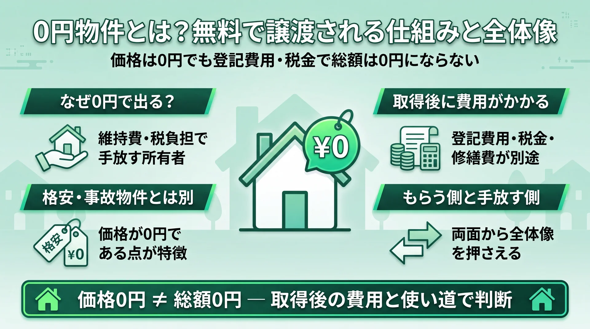 価格0円でも登記費用・税金・修繕費が別途かかり総額は0円にならないことを取得側・手放し側の両面から整理した図解