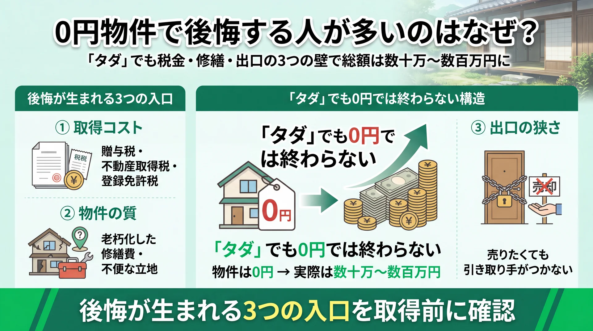 物件0円でも取得コスト・物件の質・出口の狭さという3つの入口から後悔が生まれ総額は数十万〜数百万円になることを示した図解