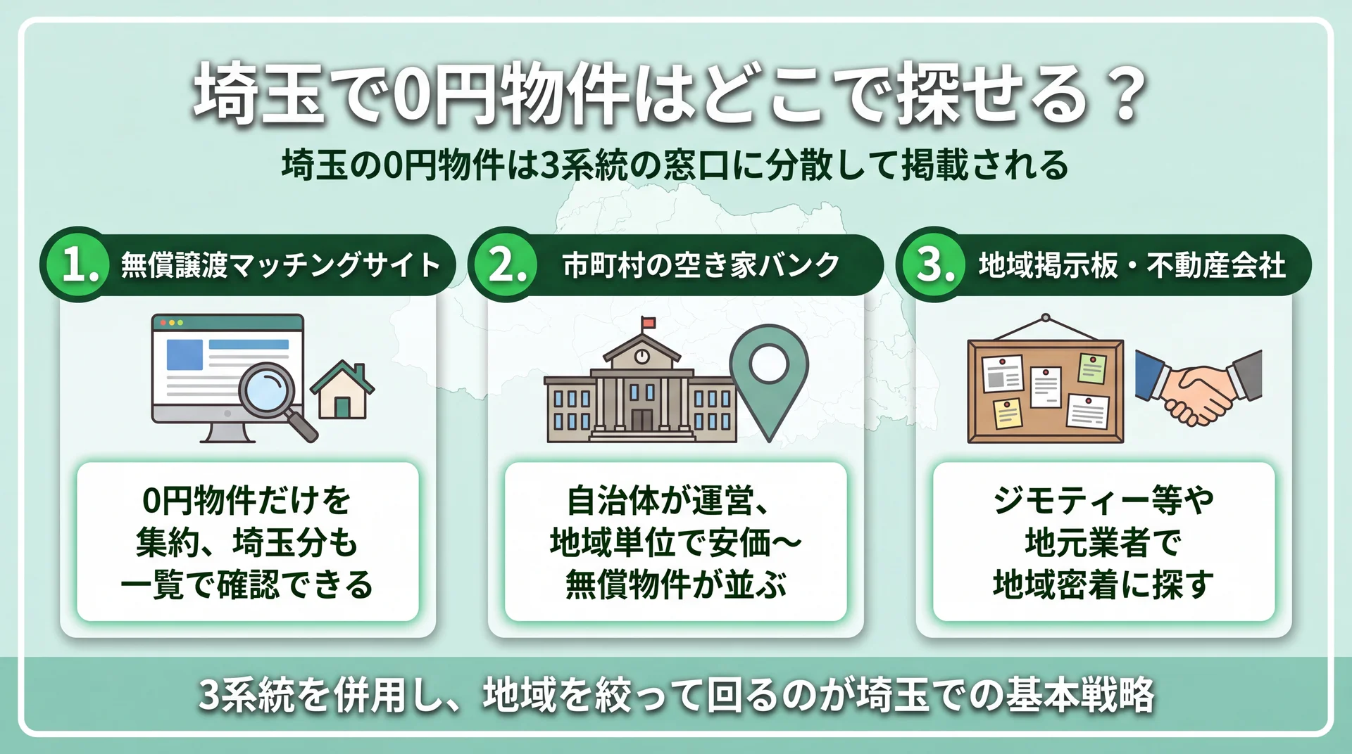 無償譲渡マッチングサイト・市町村空き家バンク・地域掲示板の3系統の窓口とそれぞれの特徴を整理した埼玉の0円物件の探し先図解