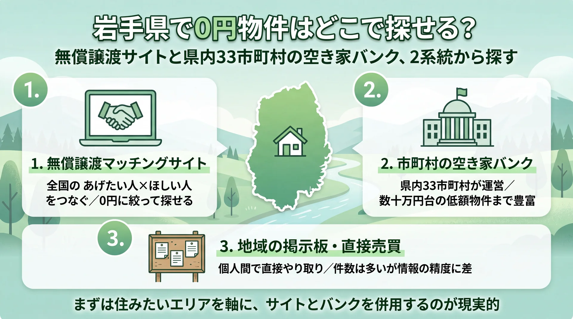 無償譲渡マッチングサイト・市町村の空き家バンク・地域の掲示板という岩手県で0円物件を探す3つの入口を整理した図解