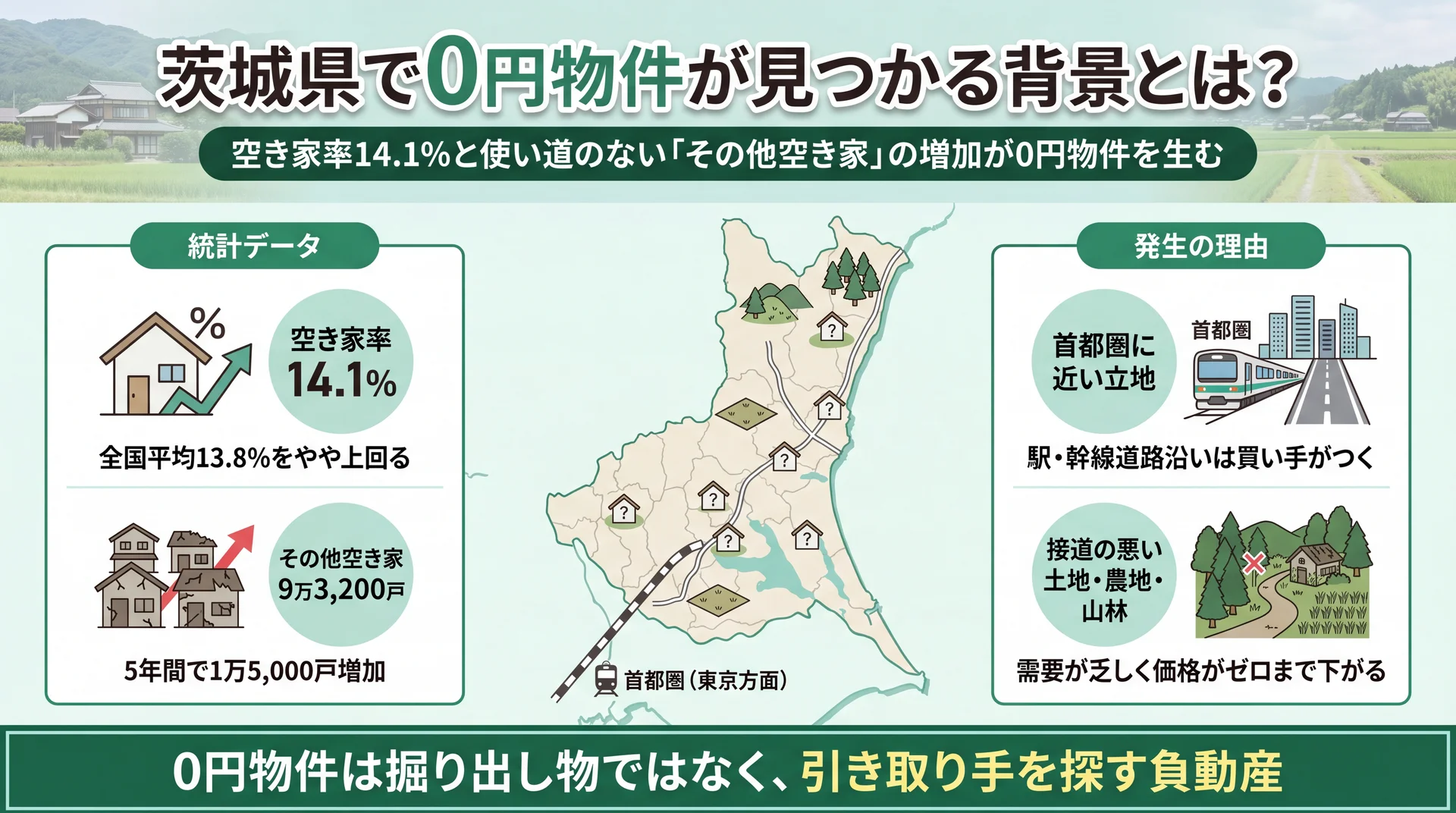 茨城県の空き家率14.1％とその他空き家9万3200戸の増加、接道の悪い土地が0円化する背景を地図で整理した図