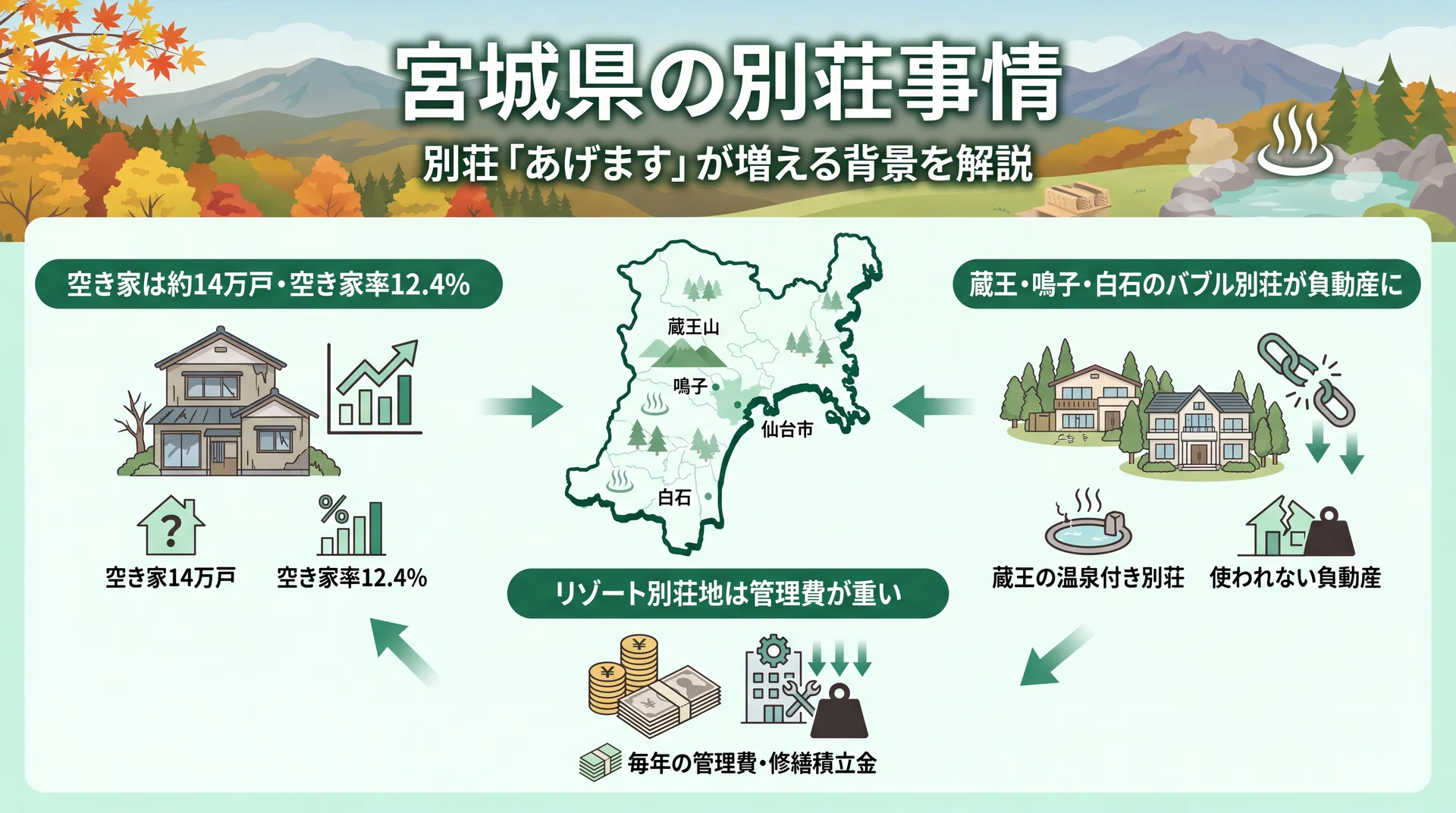 宮城県の別荘事情を示すインフォグラフィック