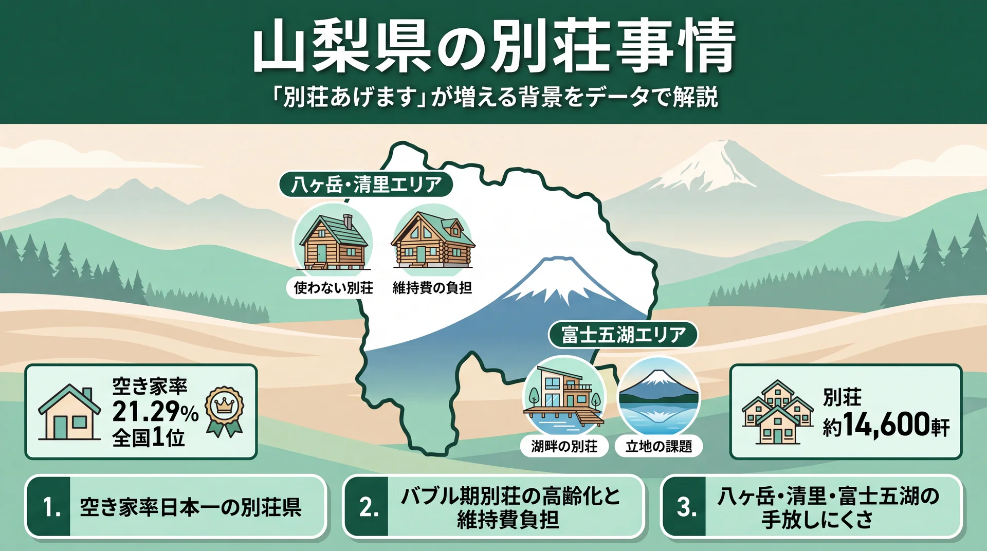 山梨県の別荘事情と空き家率日本一の背景を示すインフォグラフィック