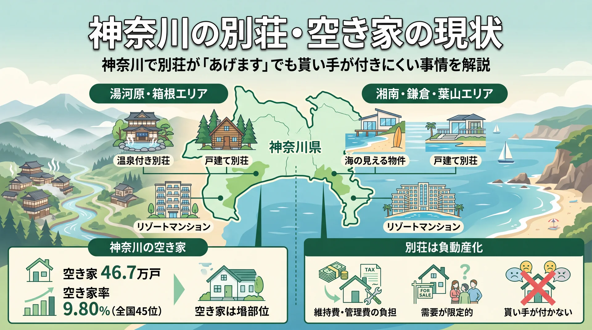 神奈川県の空き家率9.80%と別荘特有の維持費負担を示すイメージ
