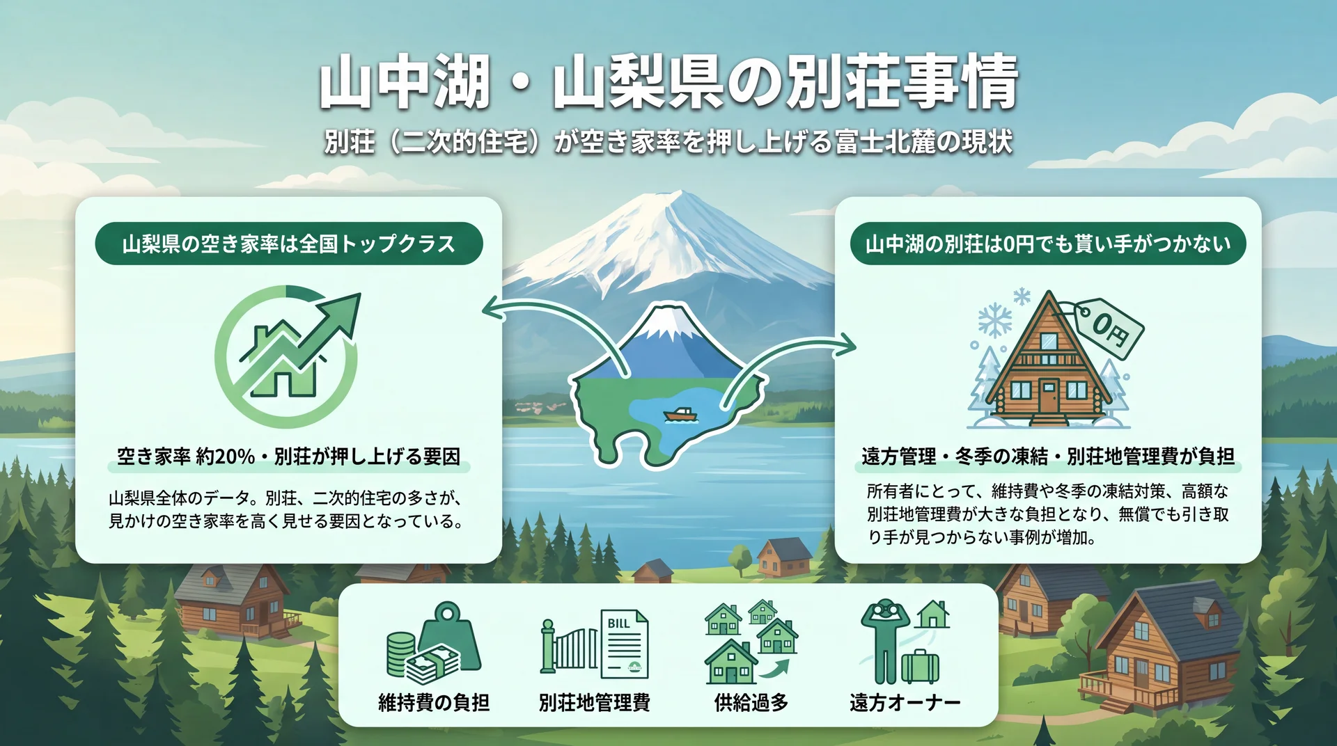 山梨県の空き家率約20%と山中湖の別荘が0円でも売れない要因を示す図解