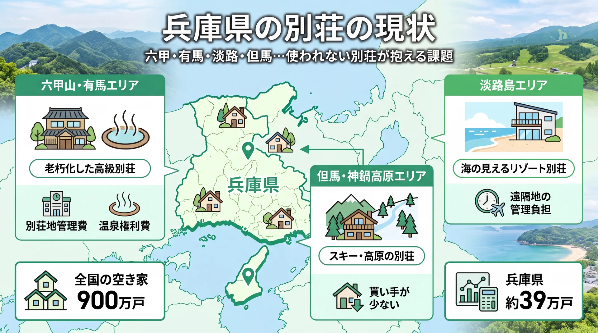 兵庫県の別荘の現状と地域別の事情を示すインフォグラフィック
