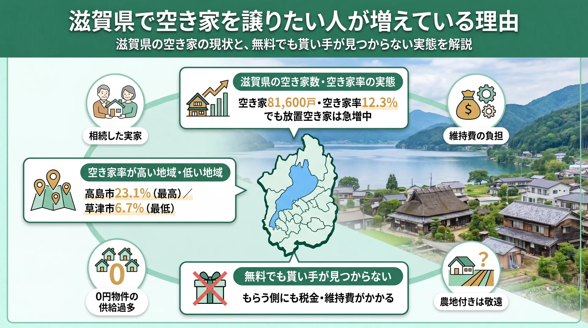 滋賀県の空き家率と放置されやすい空き家の増加を示すイメージ図