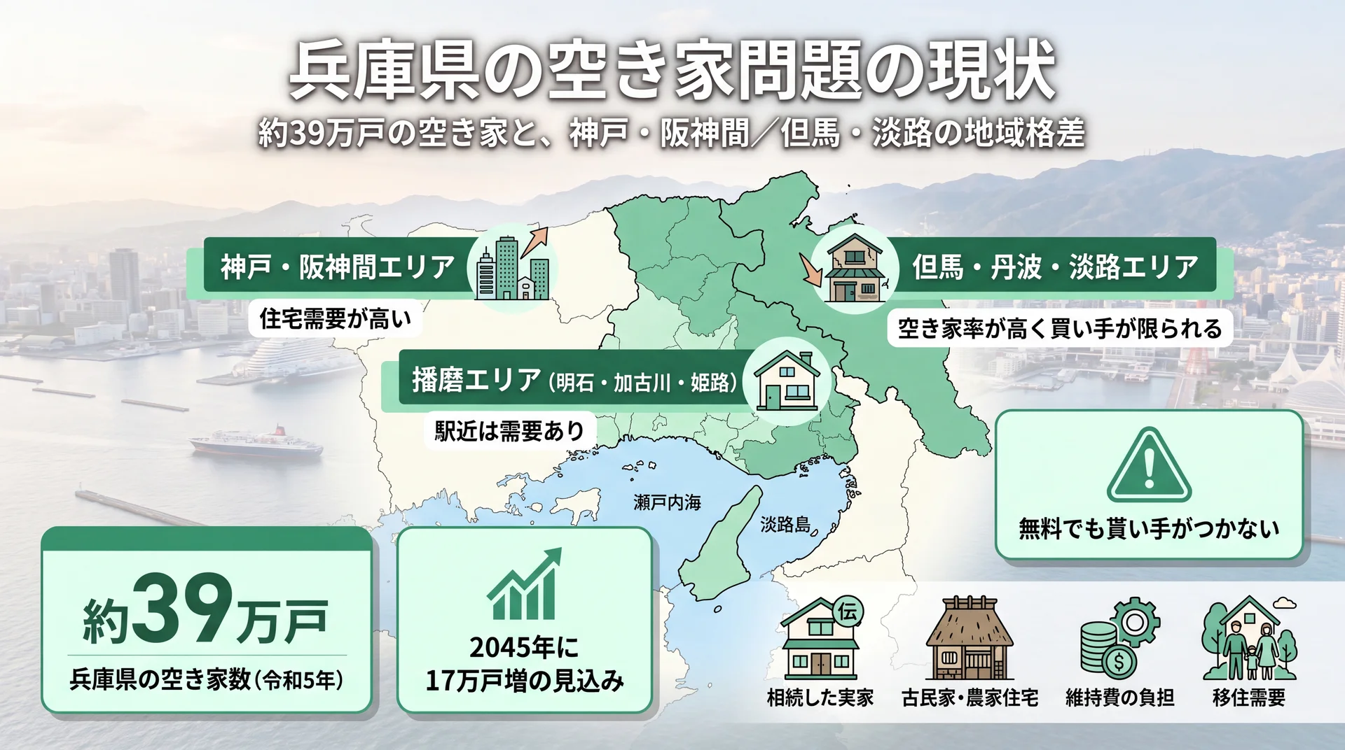 兵庫県の空き家数と地域格差を示すインフォグラフィック