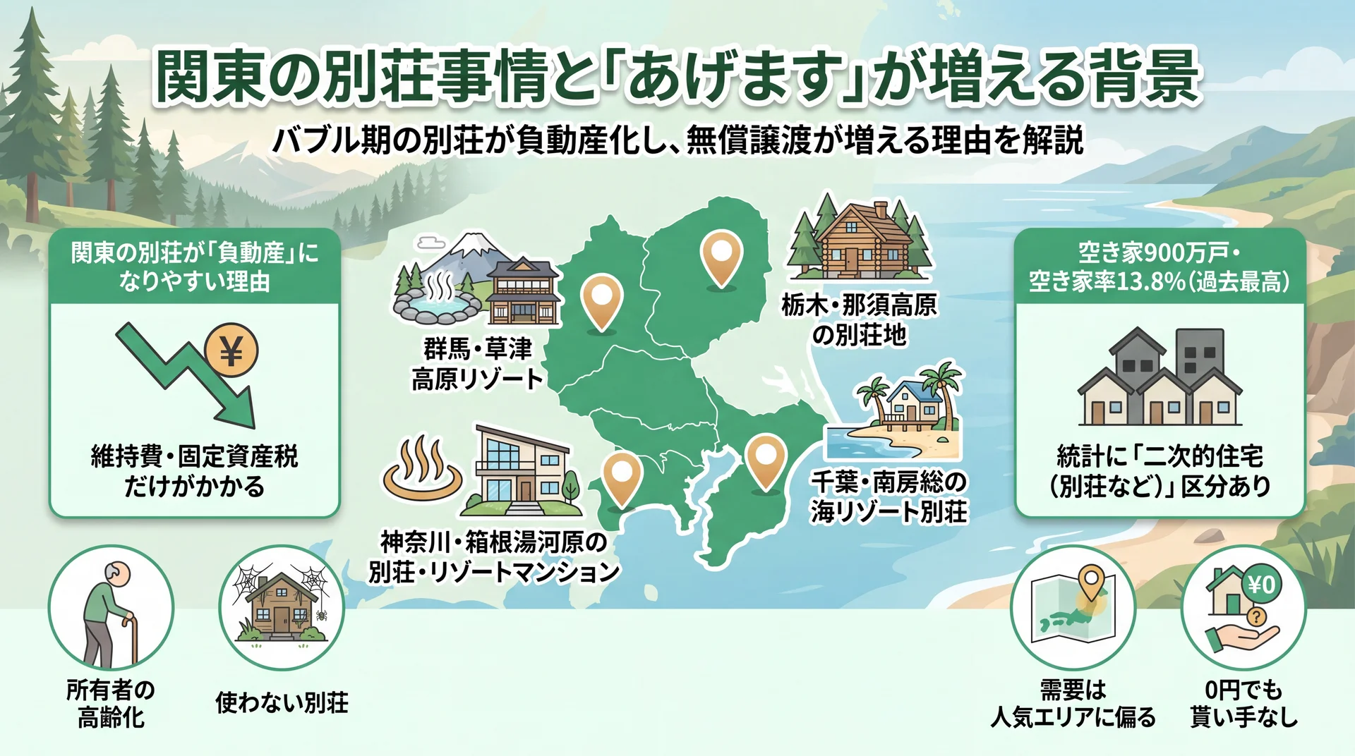 関東の別荘事情と負動産化の背景を示すインフォグラフィック