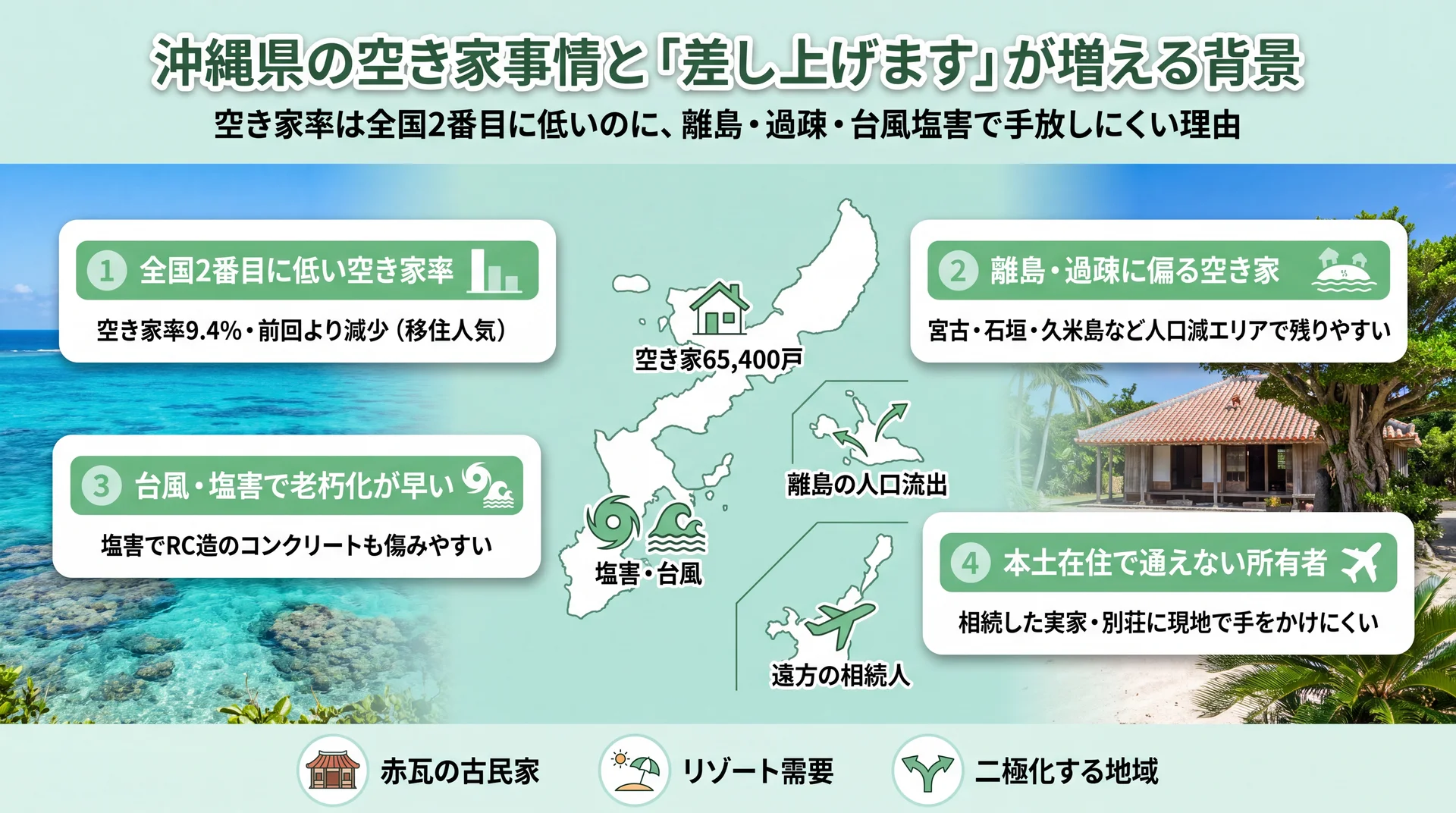 沖縄県の空き家率9.4%と全国2番目に低い状況を示すインフォグラフィック