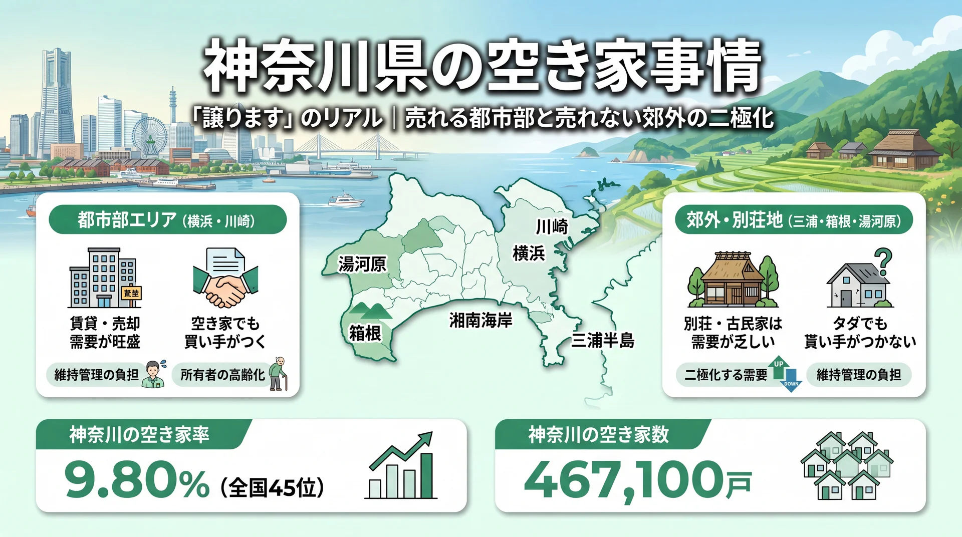 都市部のマンション群と郊外の古い空き家を対比した神奈川の街並み