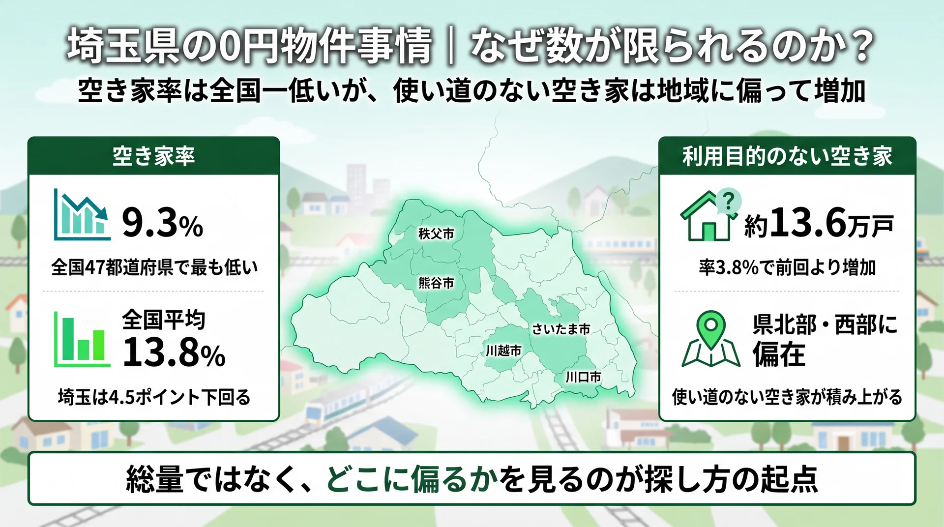 空き家率9.3%で全国最低の一方、利用目的のない空き家は約13.6万戸・3.8%と県北部西部で増加していることを対比した埼玉の空き家データ図解