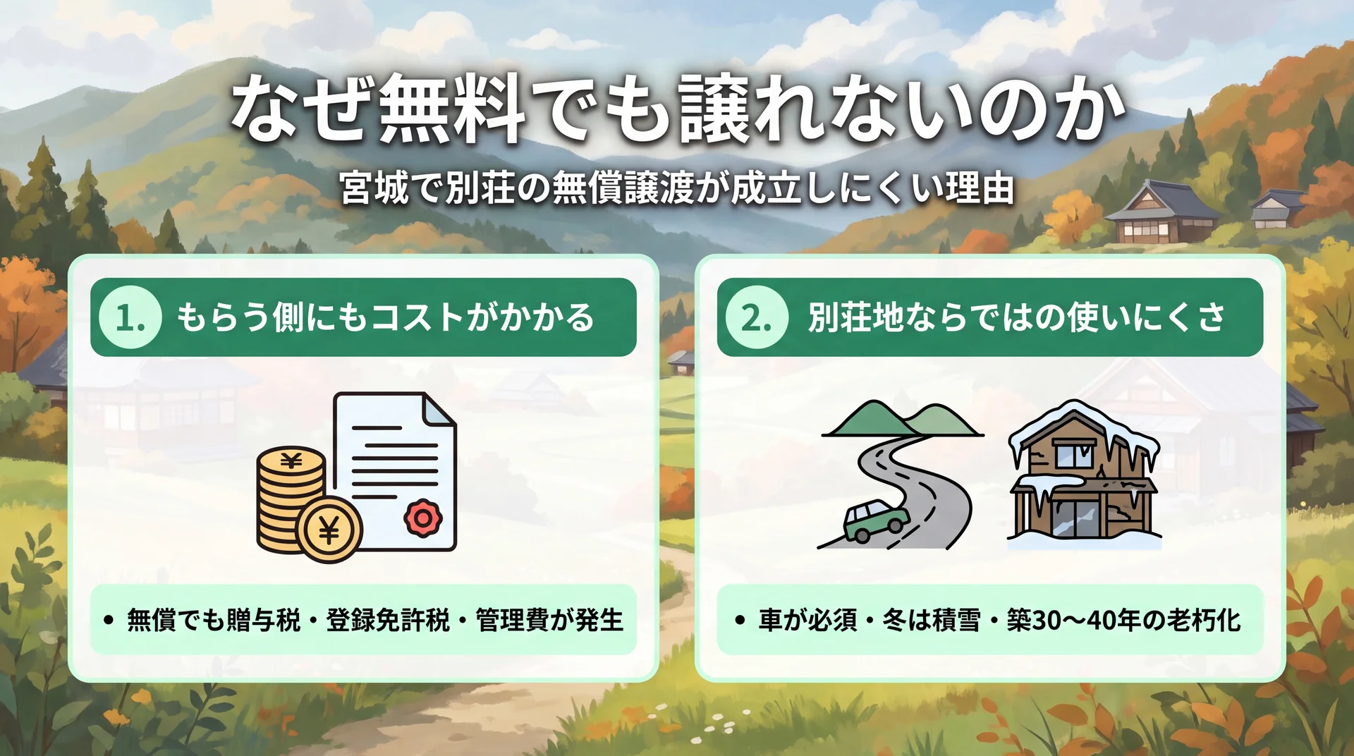 宮城で別荘を無料でも譲れない理由を示すインフォグラフィック