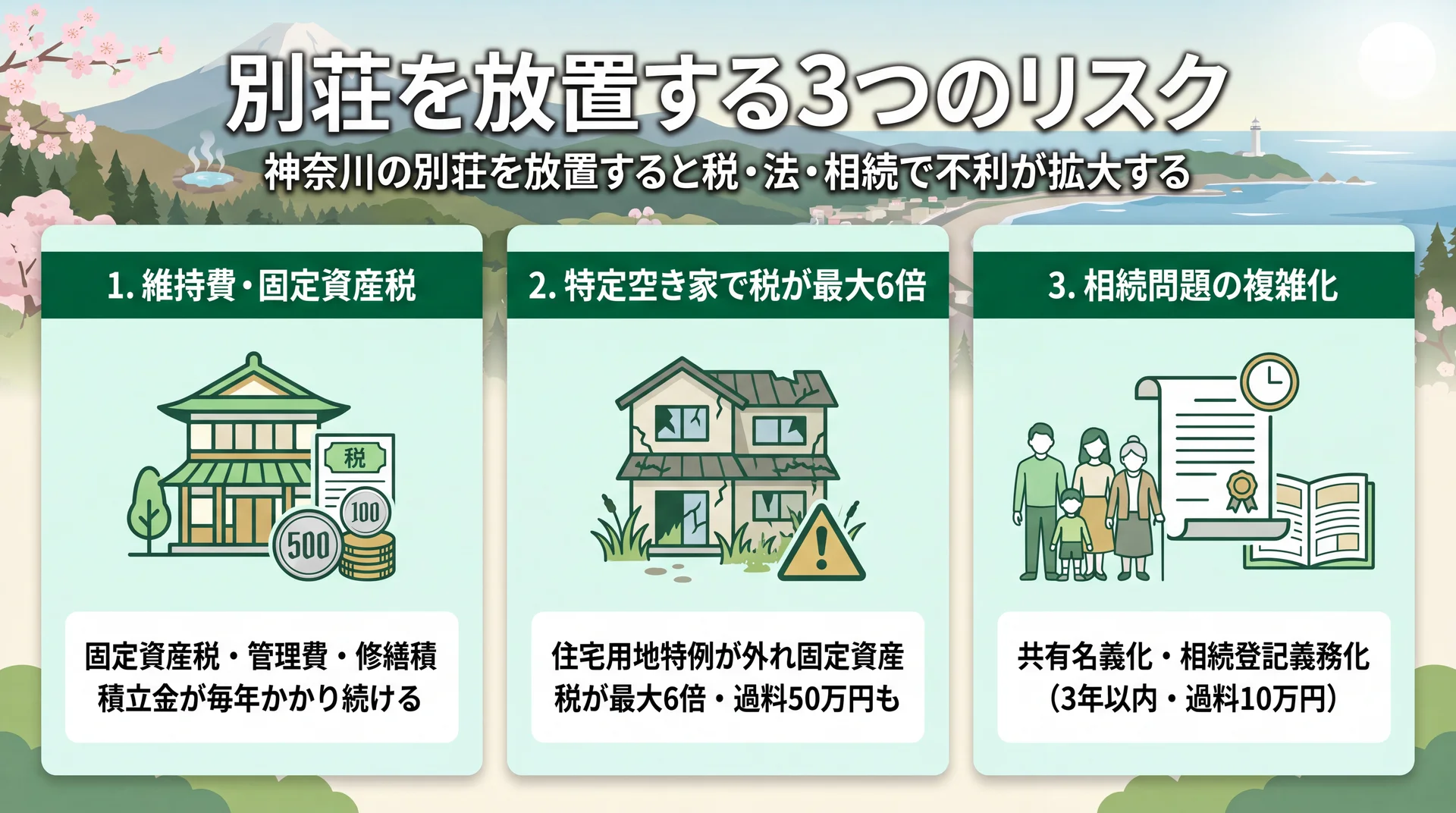 固定資産税の増加や相続トラブルなど別荘放置のリスクを表すイメージ