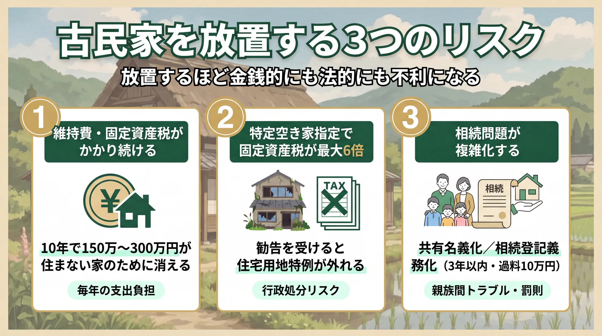 古民家を放置する3つのリスクをまとめたインフォグラフィック