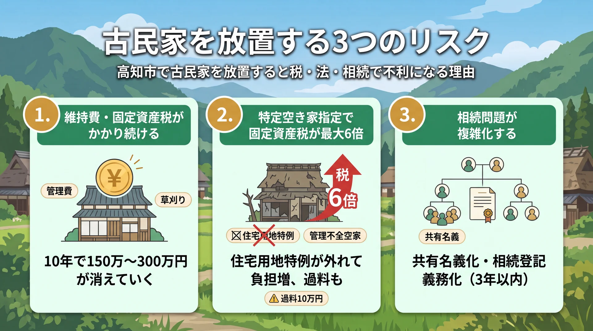 維持費・固定資産税・相続という古民家放置のリスクを示すイメージ