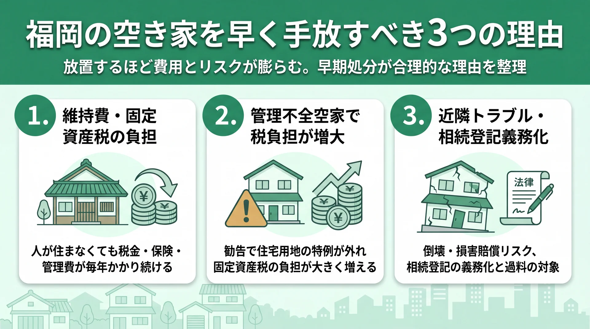福岡の空き家を放置すると税負担やリスクが膨らむことを示すイメージ