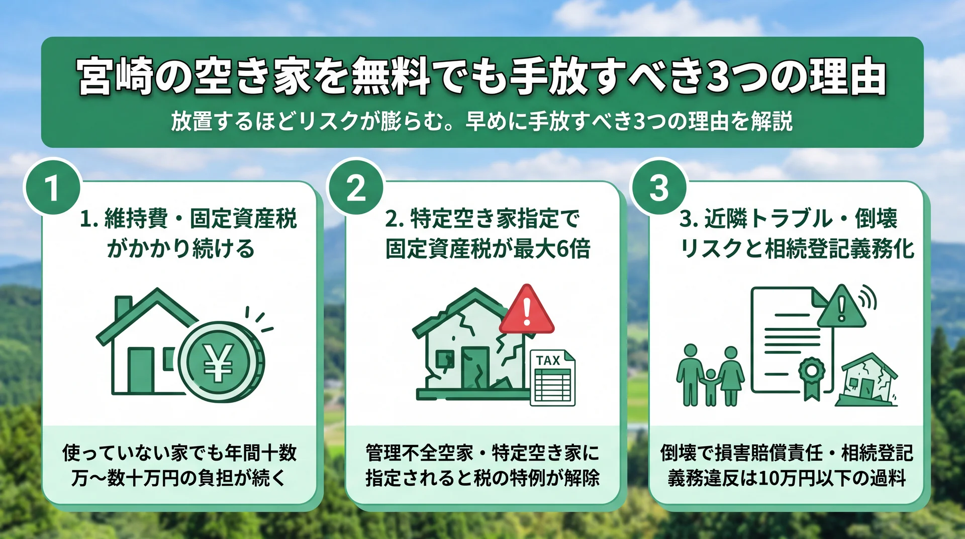 維持費・固定資産税・近隣リスクなど空き家を早く手放すべき理由のイメージ