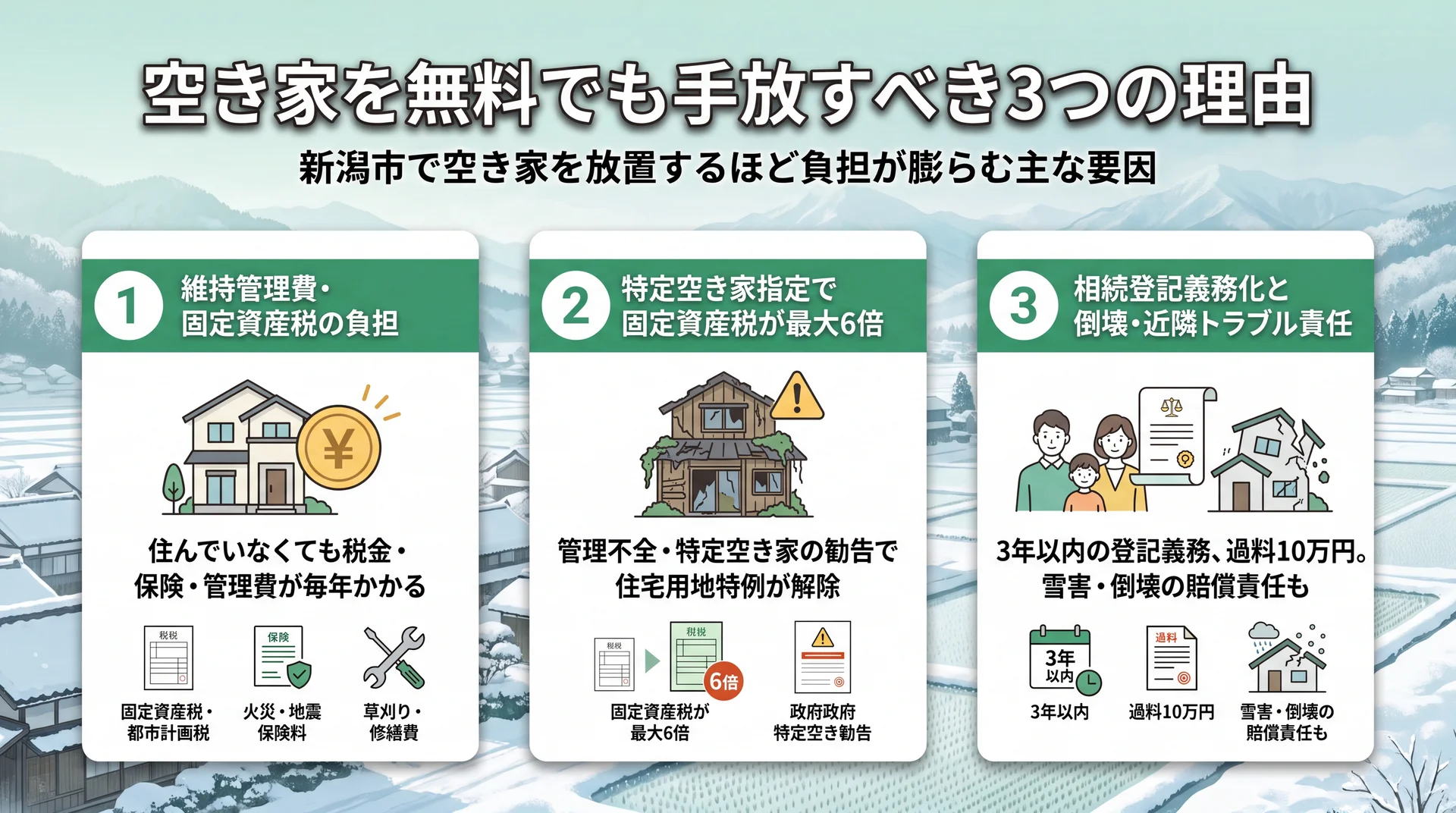 空き家を無料でも手放すべき3つの理由を示したインフォグラフィック