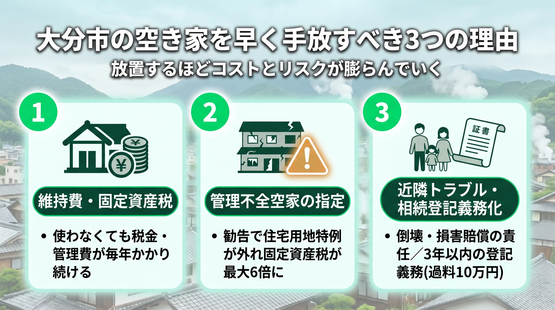 維持費や固定資産税など、空き家を放置するほど膨らむコストを表したイメージ