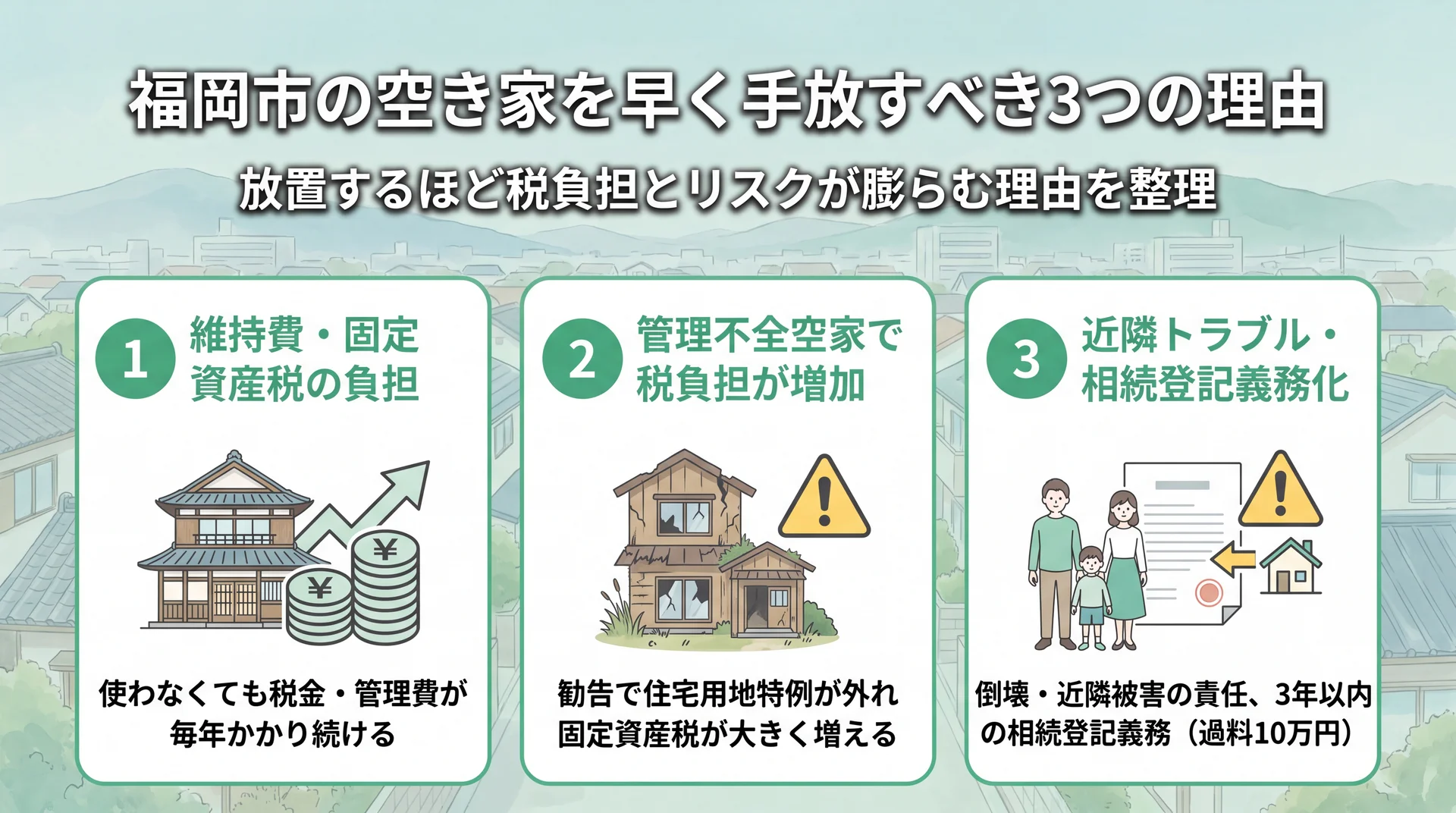 空き家を放置する3つのリスク(維持費・管理不全空家による税負担増・近隣トラブルと相続登記義務化)を整理した図