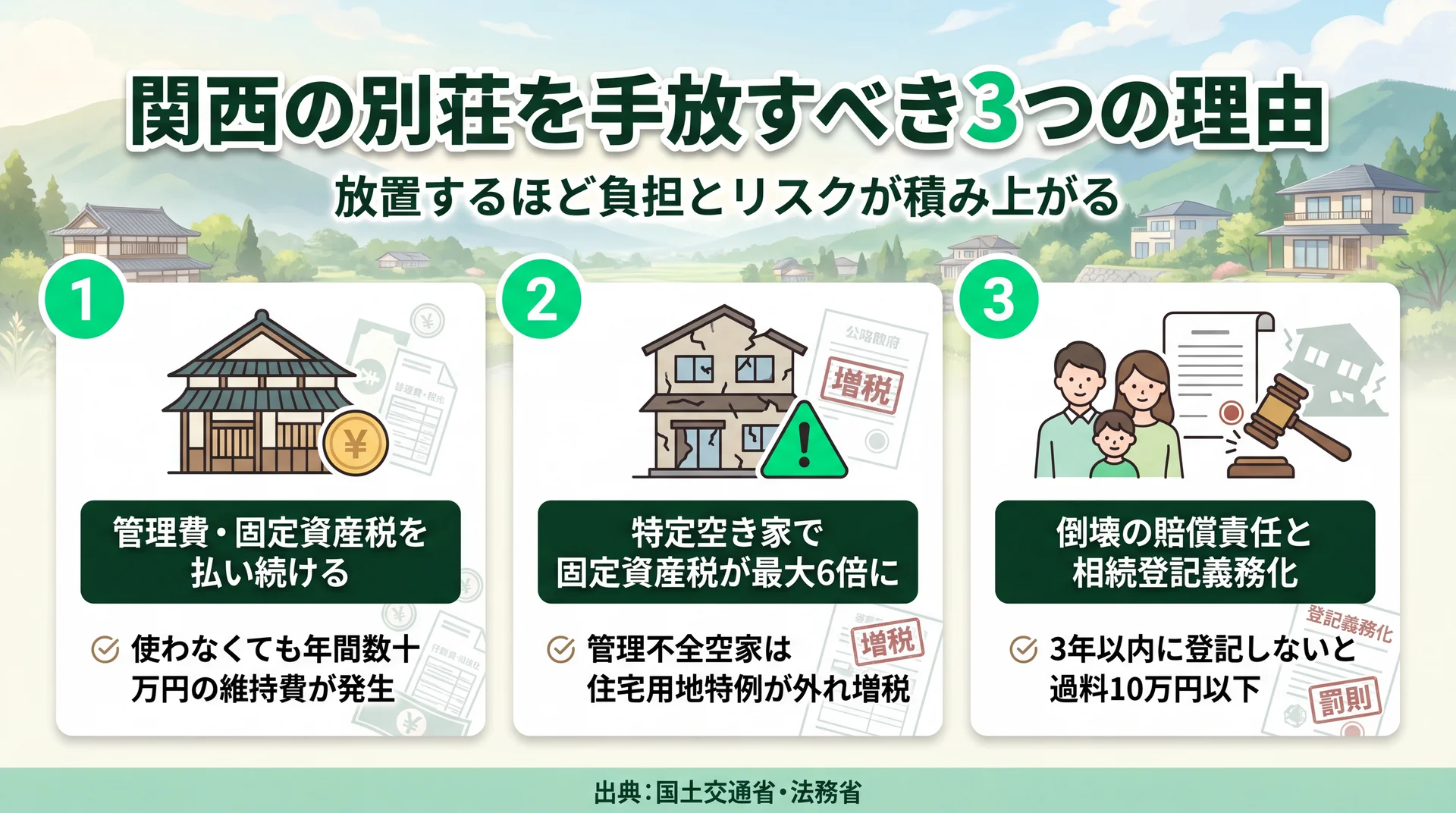 別荘を放置すると維持費や税負担が膨らむことを示すイメージ