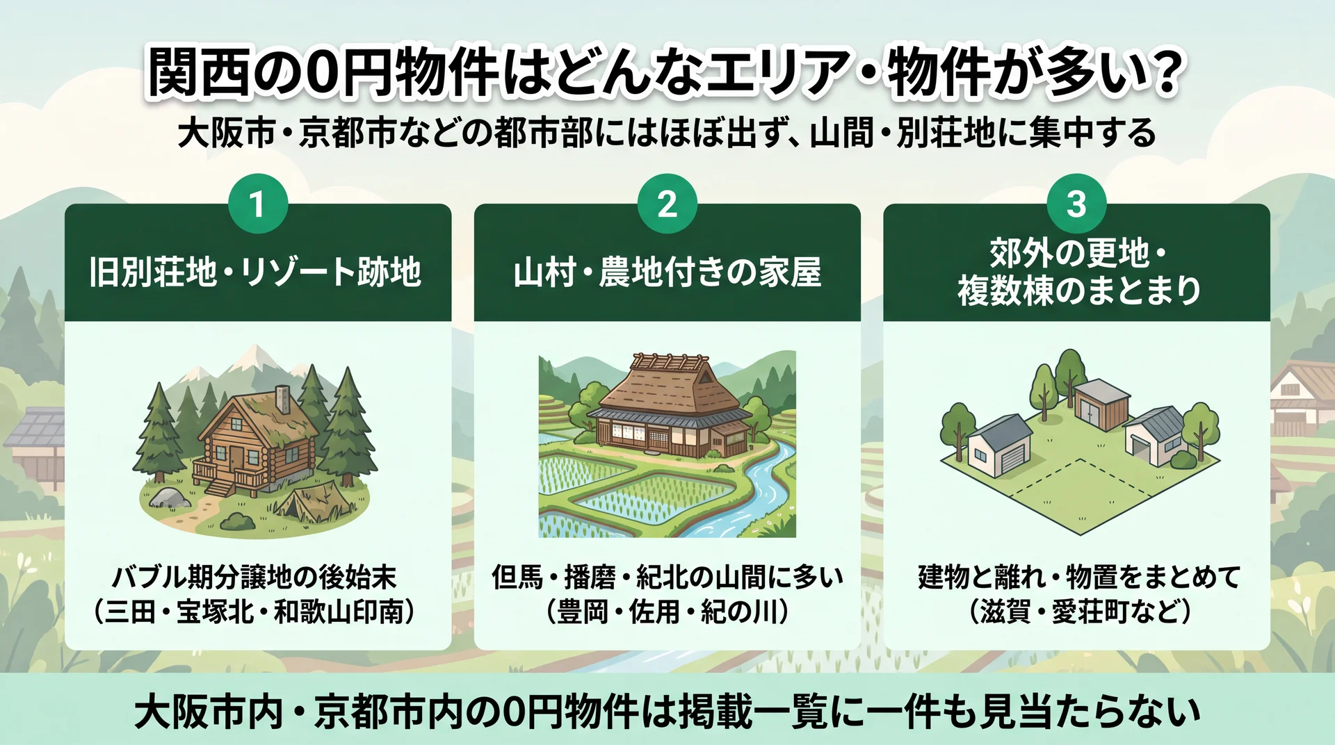 旧別荘地・山村の農地付き家屋・郊外の更地の3類型に集中し都市部にはほぼ出ない関西の0円物件の分布を整理した図