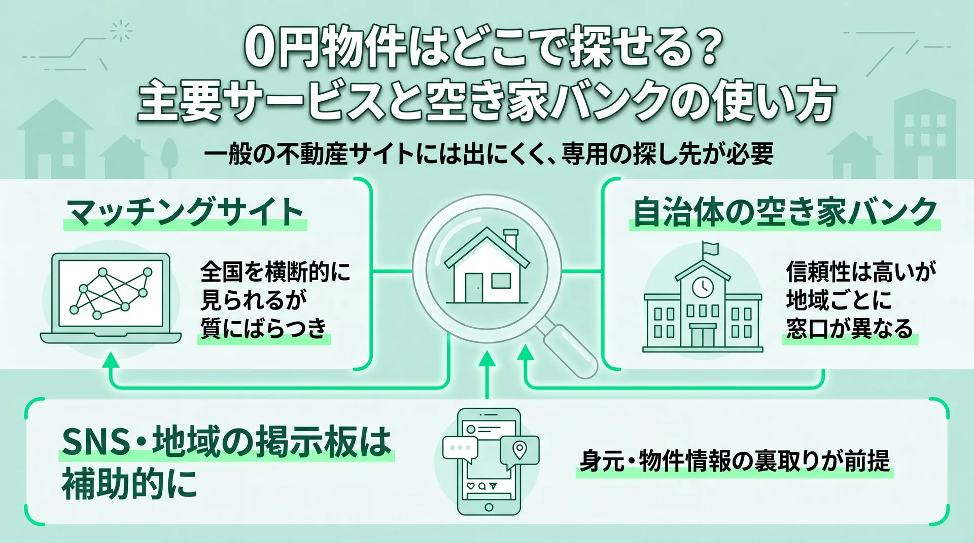 0円物件はマッチングサイトと自治体の空き家バンクが主な探し先で、SNSは裏取り前提の補助と示した図解